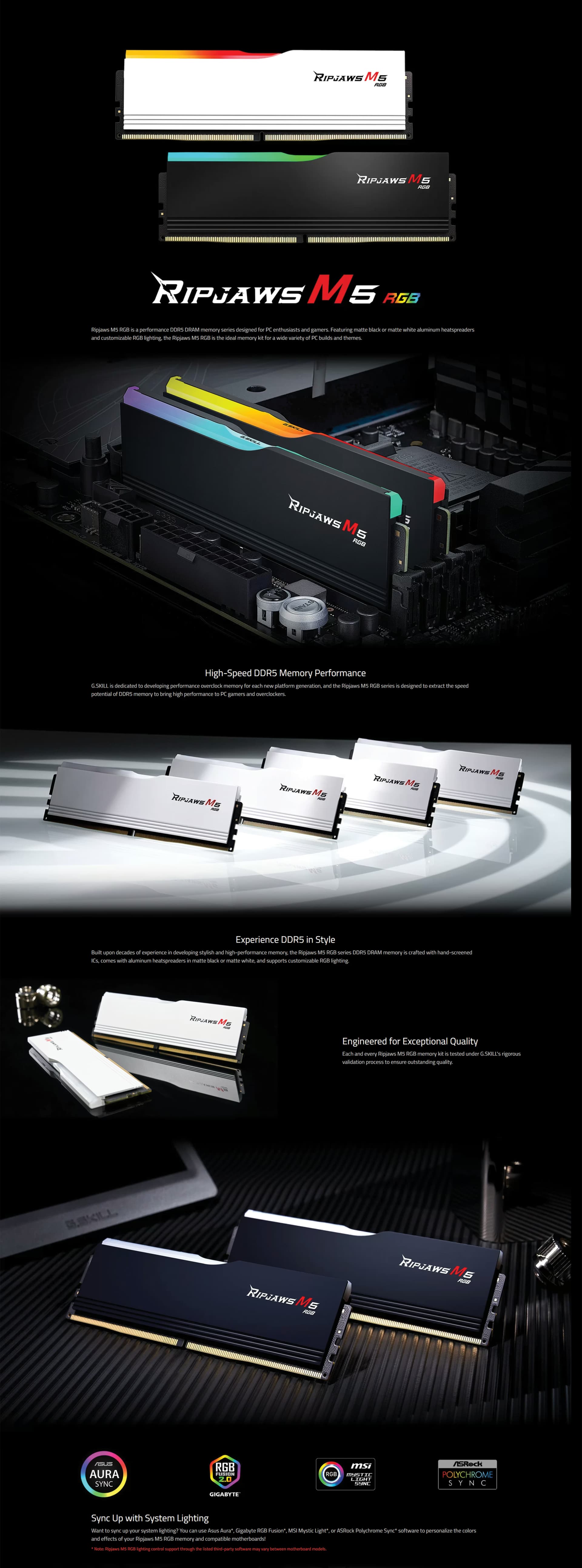 G.Skill Ripjaws M5 RGB 96GB DDR5 6400 White kit featuring the matte white heatsink and illuminated RGB light bar.