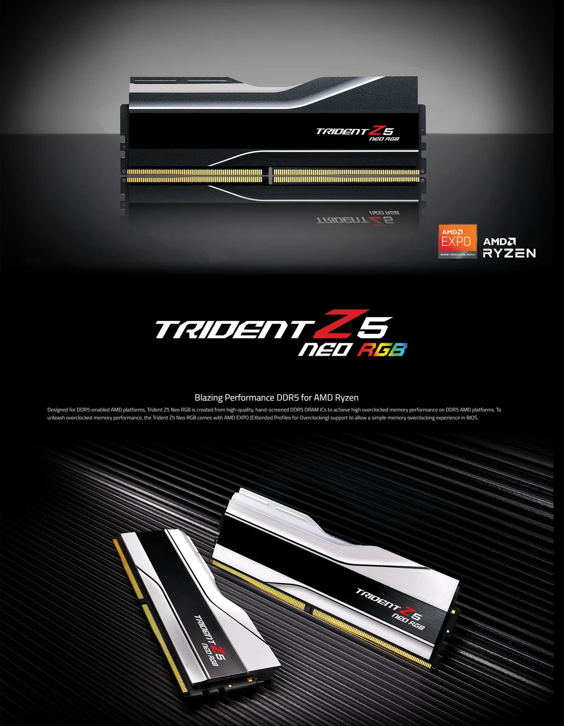 G.Skill Trident Z5 Neo RGB 32GB DDR5 7200 Black kit highlighting the brushed-aluminum heatspreader and RGB lighting.