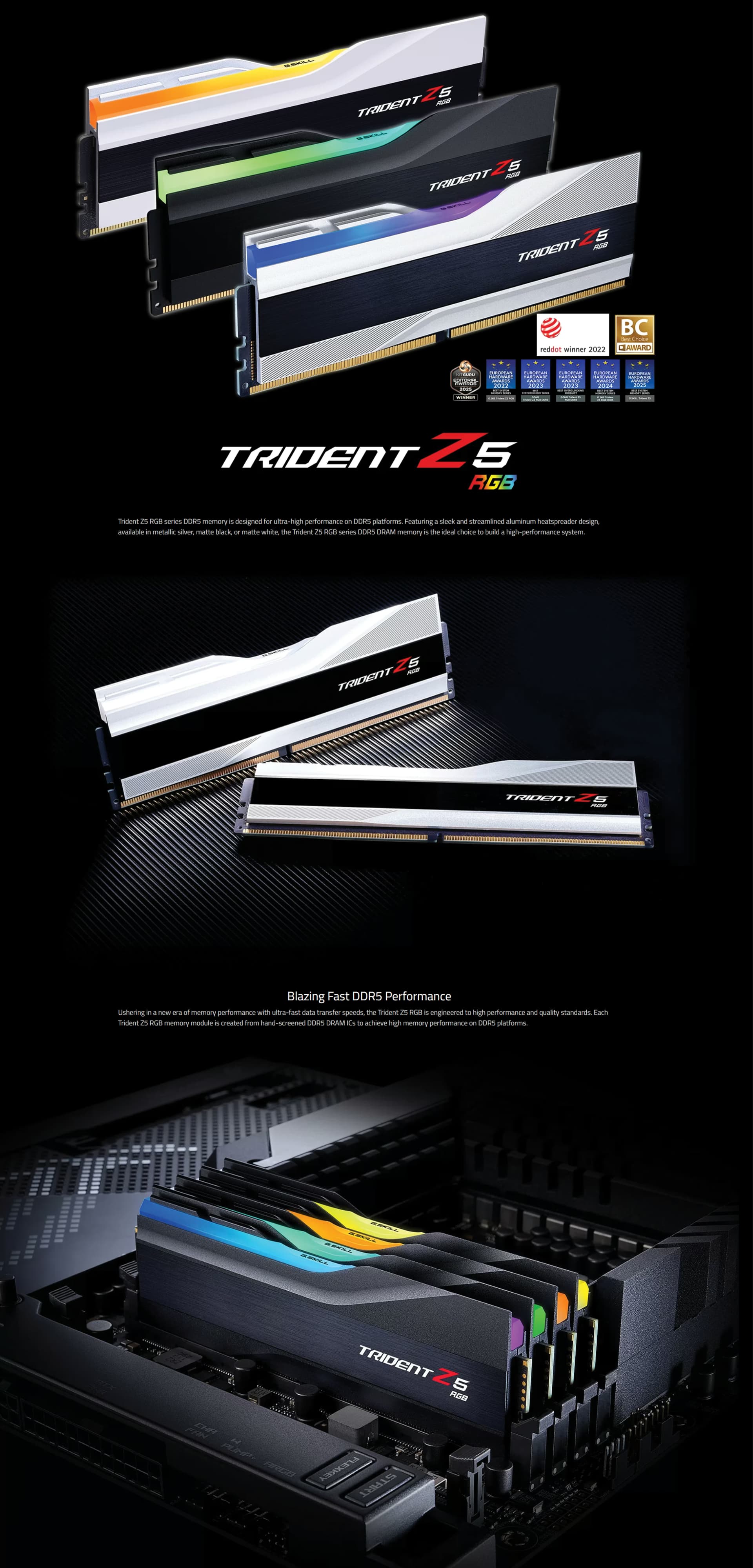 G.Skill Trident Z5 RGB 32GB DDR5 6800 Black kit highlighting the brushed-aluminum heatspreader and glowing light bar.
