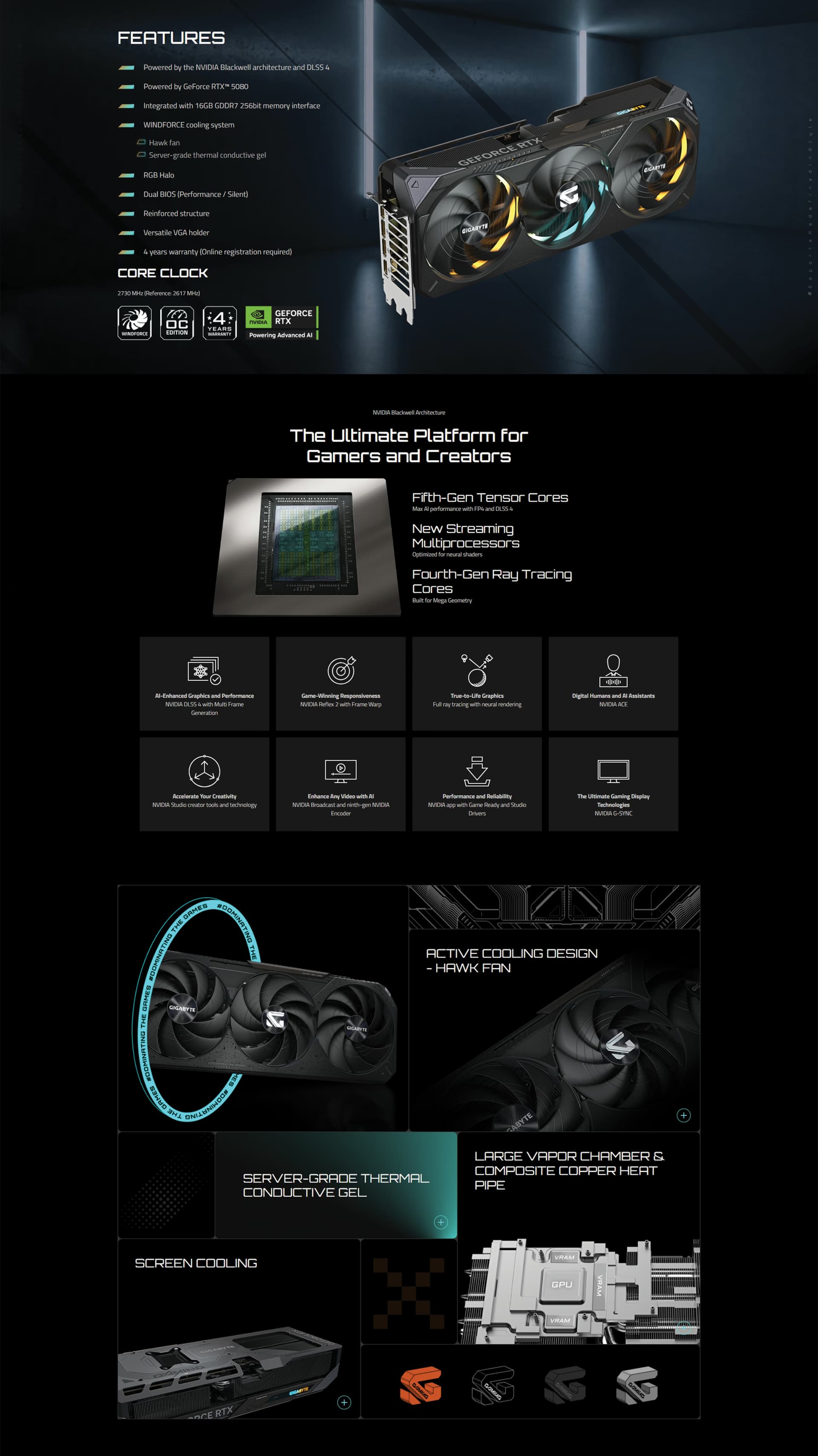 GIGABYTE5080GAMINGOCEDITION16GBGDDR7WINDFORCECOOLINGSYSTEM3FANGRAPHICCARD889523047521