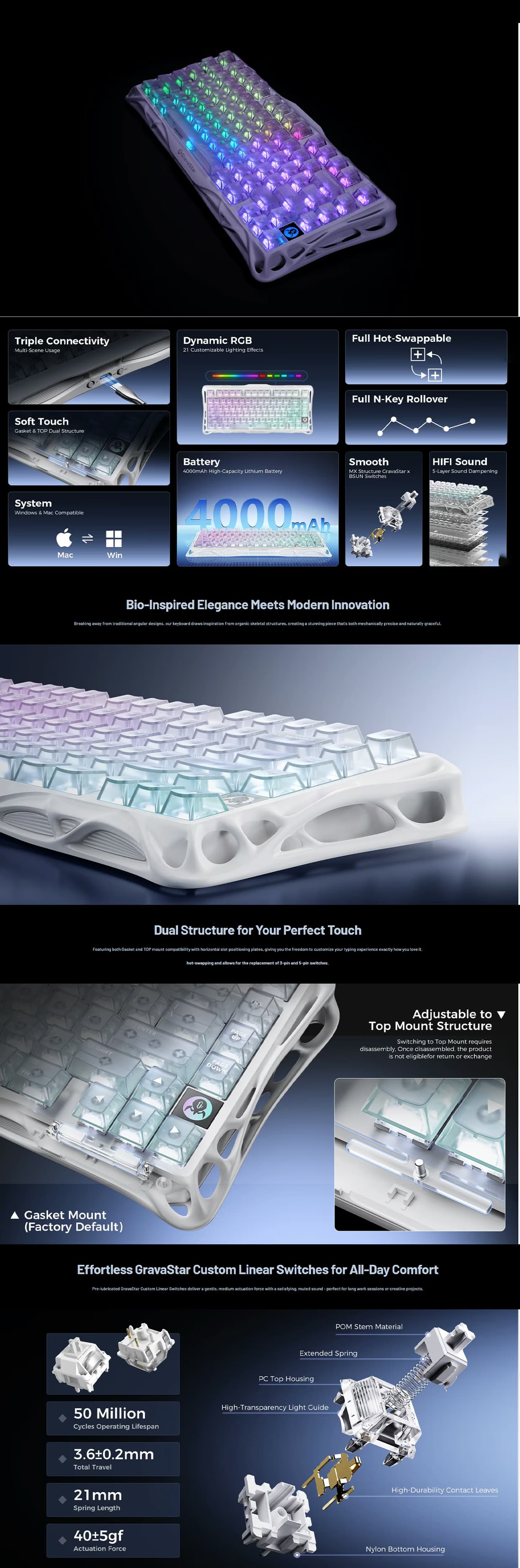 GravaStar Mercury K1 Lite Crystal Aurora 75% wireless mechanical gaming keyboard featuring Arabic keycaps and gasket-mounted design.