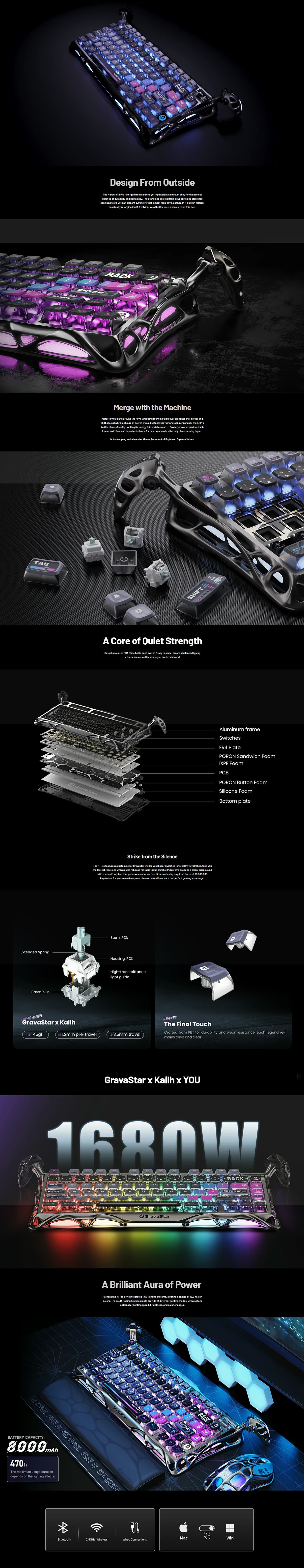 GravaStar Mercury K1 Pro Cyberpunk 75% wireless mechanical gaming keyboard featuring an aluminum alloy frame and Arabic keycaps.
