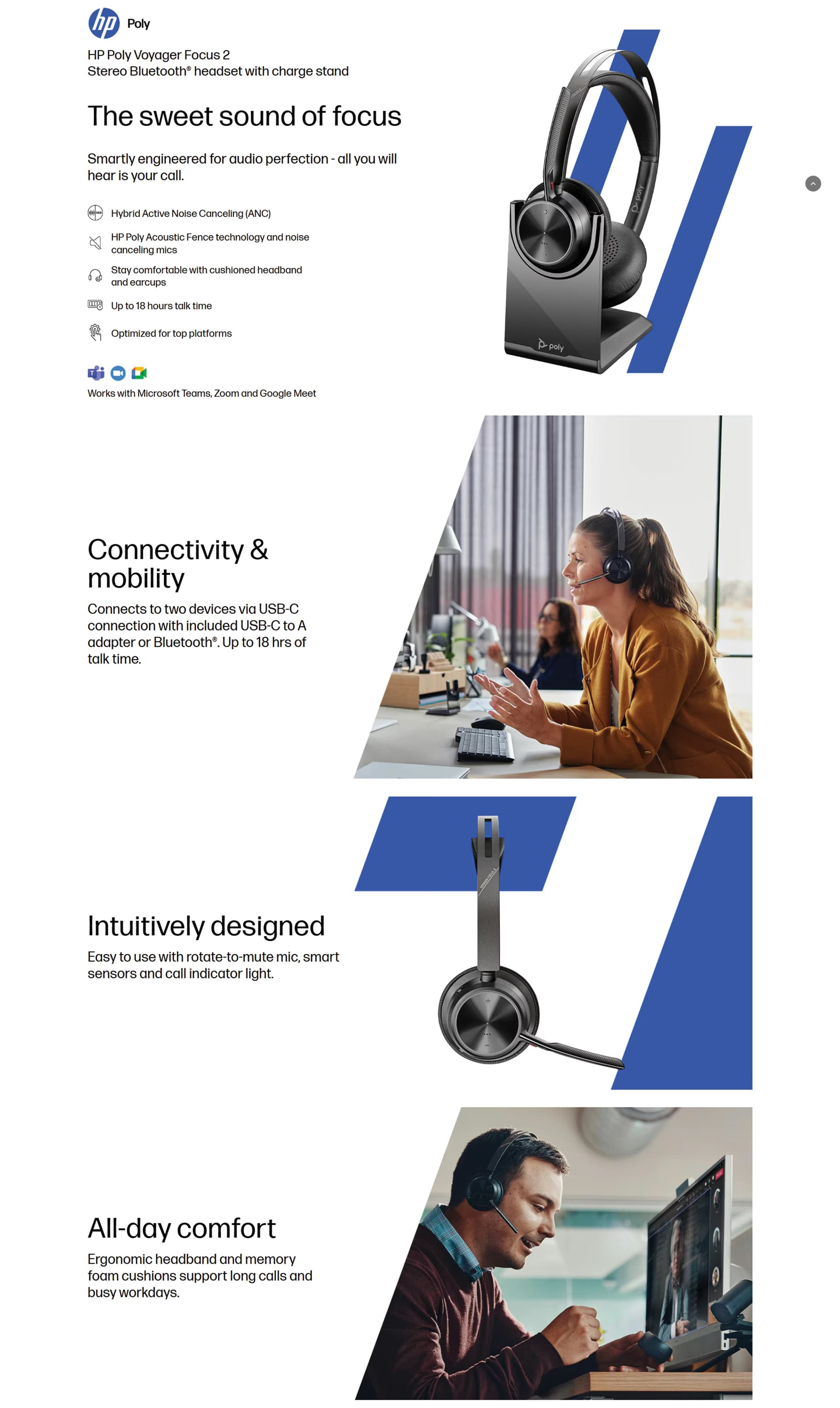 HP Poly Voyager Focus 2 wireless headset featuring USB-C Bluetooth adapter without charging stand.