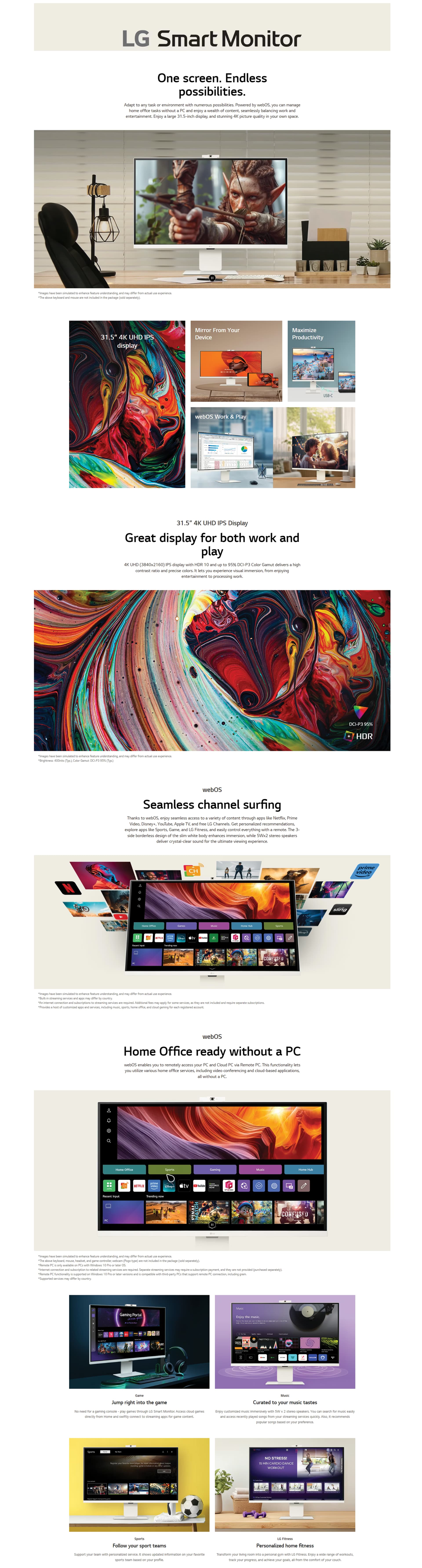 LG32U850SAW32INCH4KUHD3840X2160IPSDISPLAYWEBOSSMARTMONITORWHITECOLOR90WUSBCPOWERDELIVERYDETACHABLEWEBCAMUAEOBT