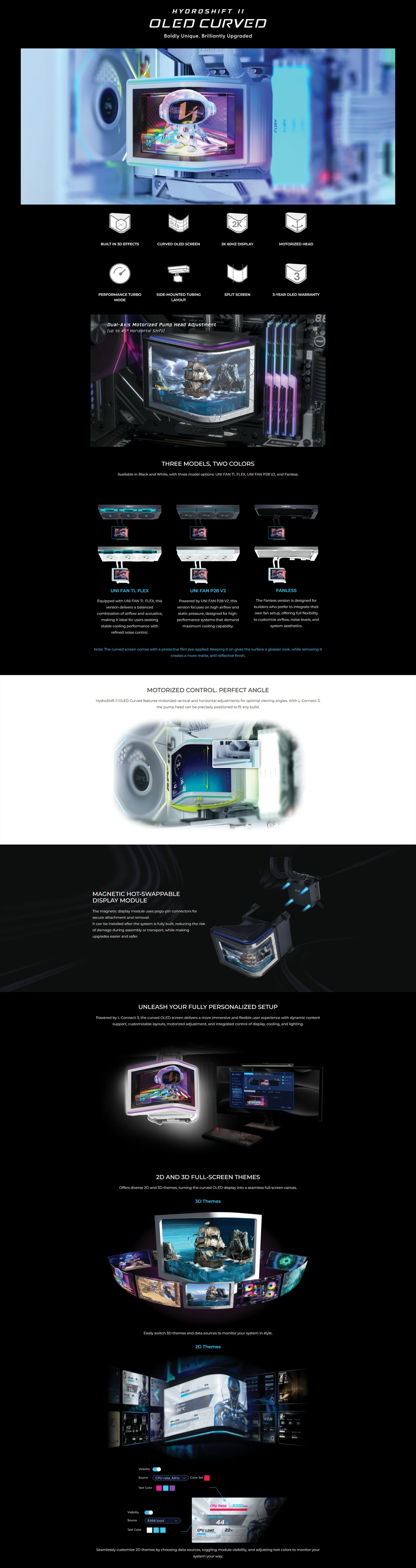 Lian Li HydroShift II 360TL OLED black liquid CPU cooler featuring a 6.67 inch curved screen and three TL fans.