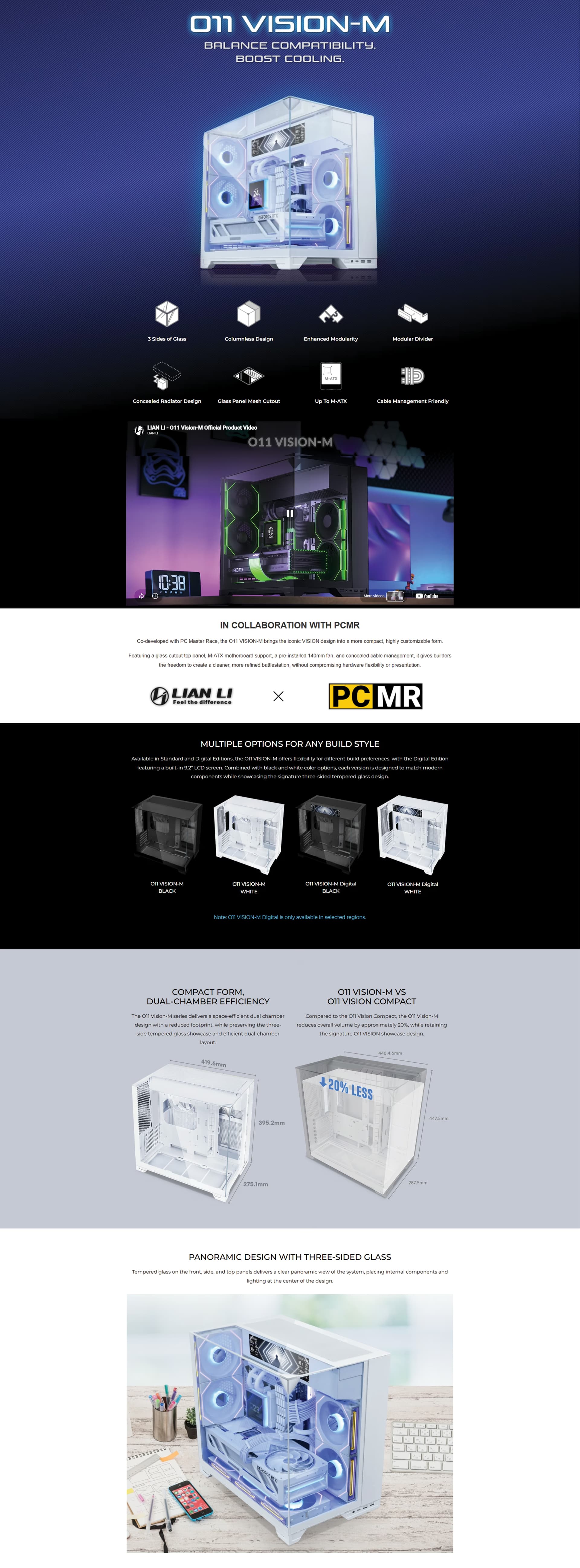 Lian Li O11 Vision-M Digital black Micro-ATX mid-tower PC case 9.2 inch IPS LCD integrated display dual-chamber tempered glass 360mm radiator premium showcase gaming chassis G99.O11VMDX.00