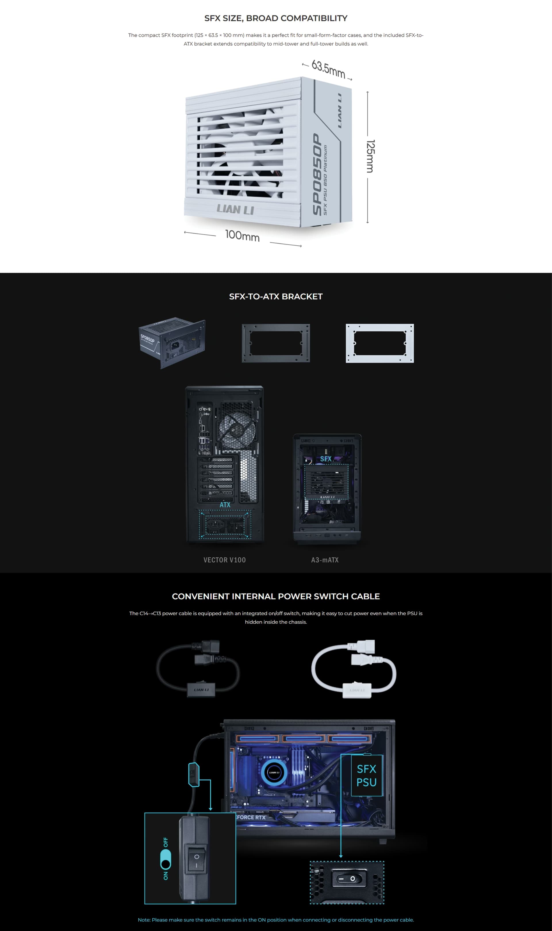 Lian Li SP0850P 850W 80 Plus Platinum SFX fully modular power supply in black for small form factor PCs.