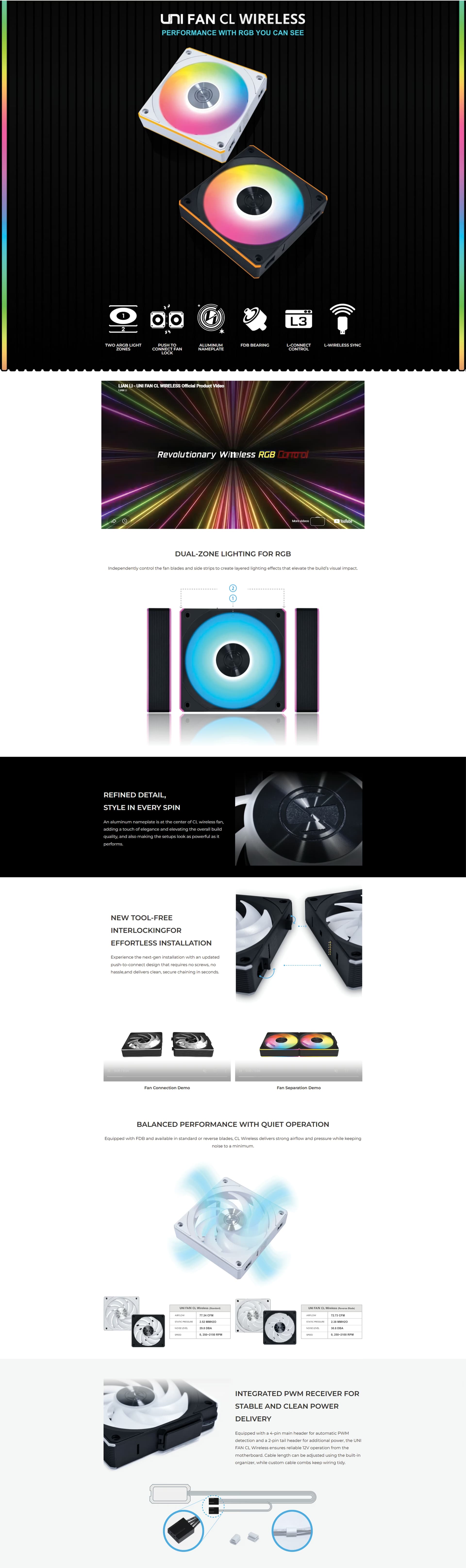 Lian Li UNI FAN CL Wireless 120mm White Reverse Blade case fan front view showing ARGB lighting