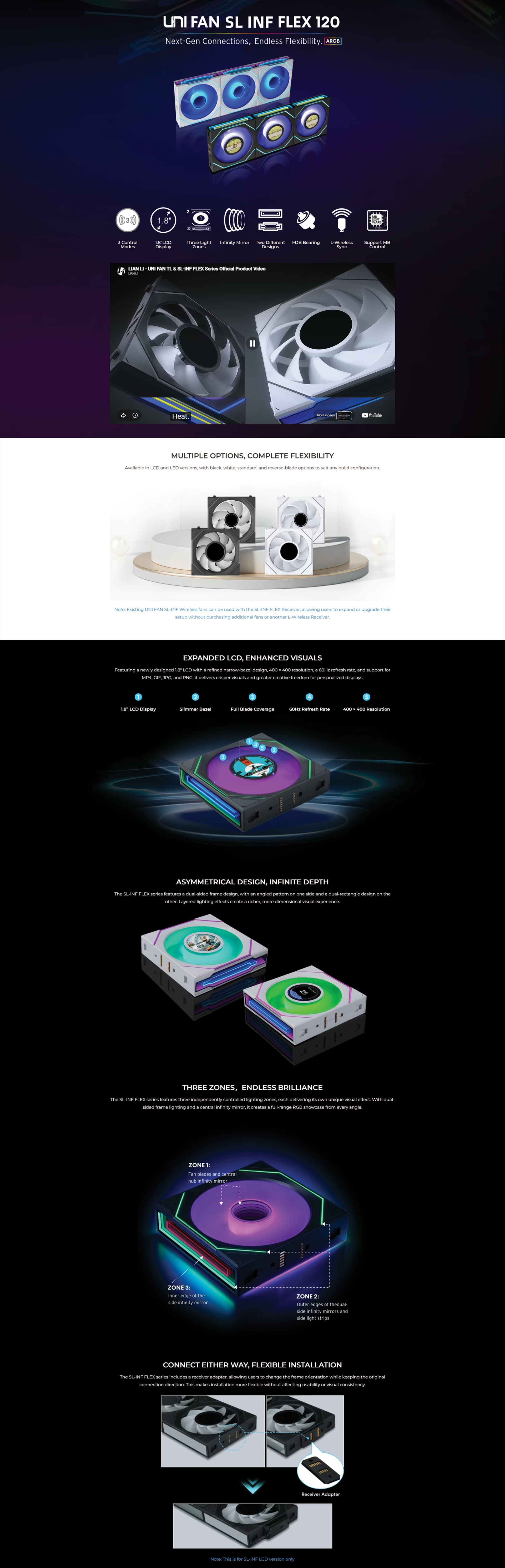 Lian Li UNI FAN SL-INF FLEX 120mm Black 3-Pack case fans showing ARGB infinity mirror lighting