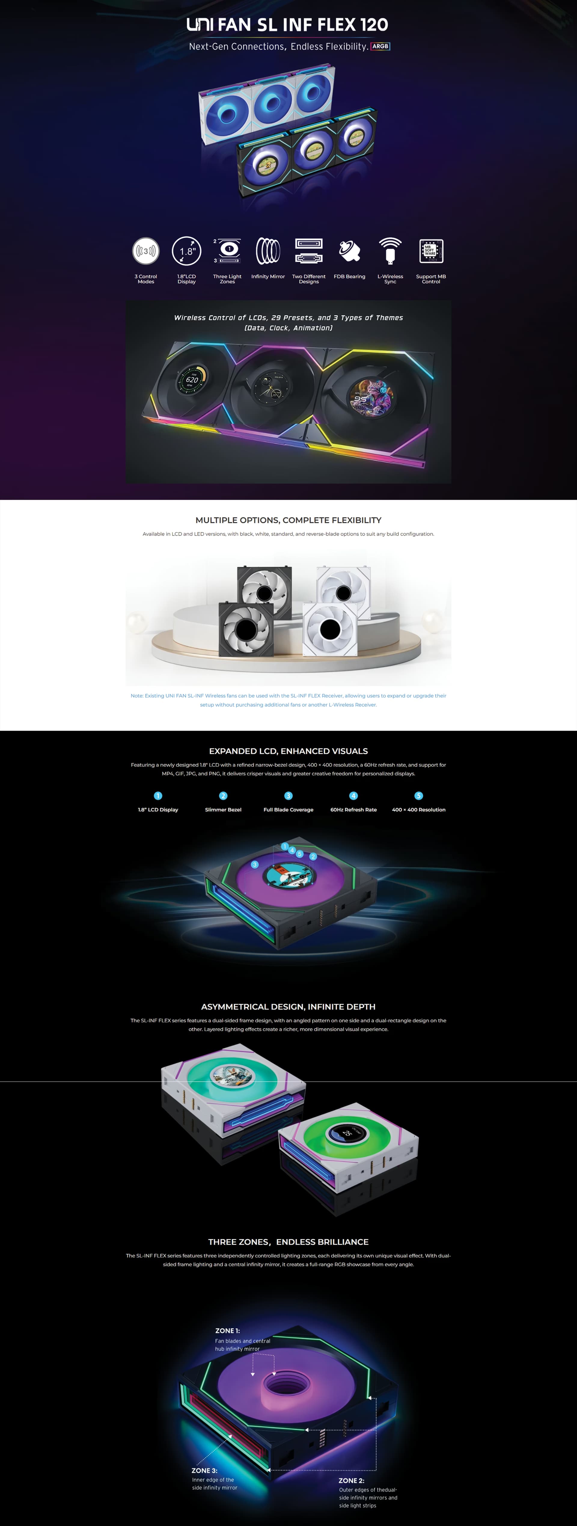 Lian Li UNI FAN SL-INF LCD FLEX 120mm Black Reverse Blade single fan showing customizable LCD screen on the center hub