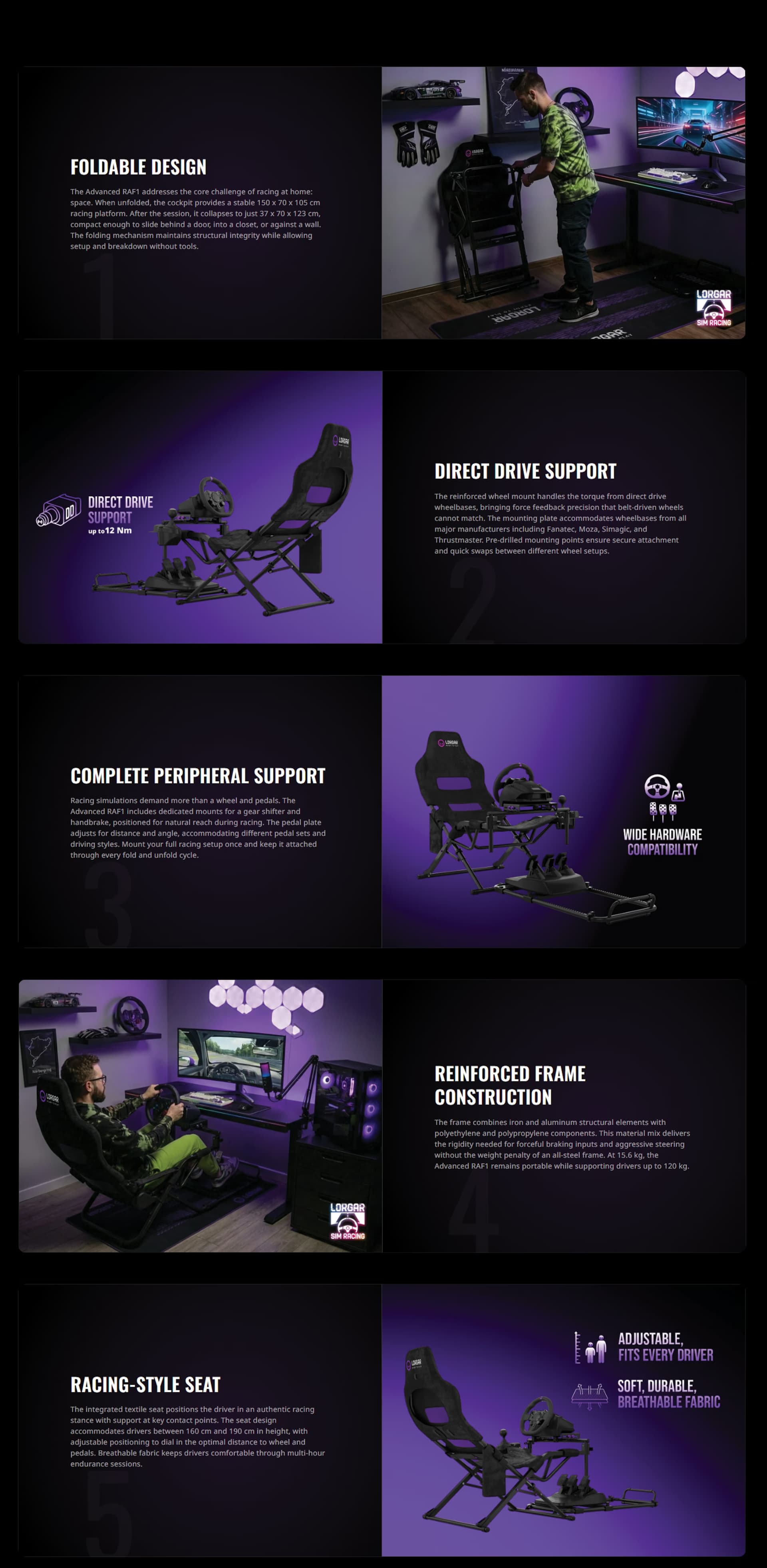 alt="Lorgar Advanced Flex RAF1 foldable sim racing cockpit in black, showcasing its space-saving iron and aluminum frame, ergonomic textile racing seat, and dedicated mounts for direct drive steering wheels, pedals, and shifters