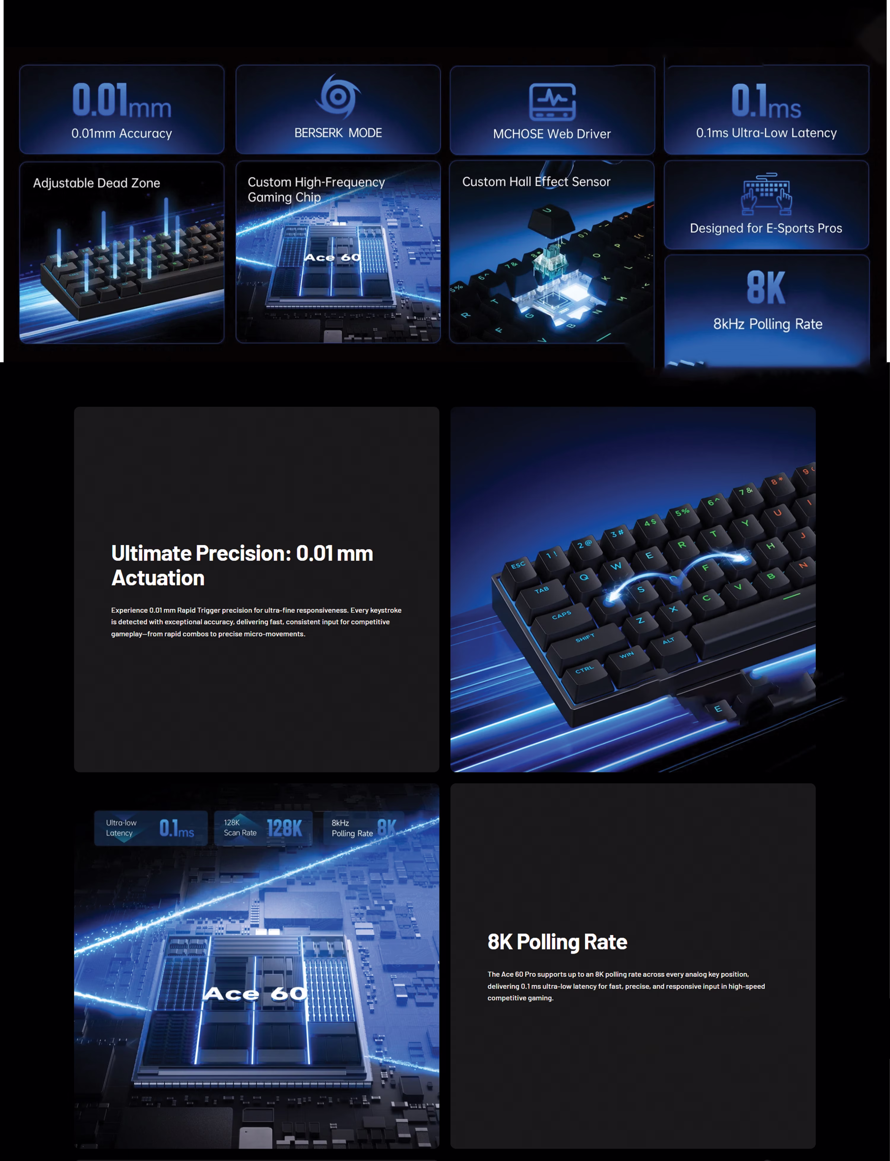 MCHOSE ACE60-4A PRO 60% RGB magnetic gaming keyboard in black showing the compact layout and dynamic lighting
