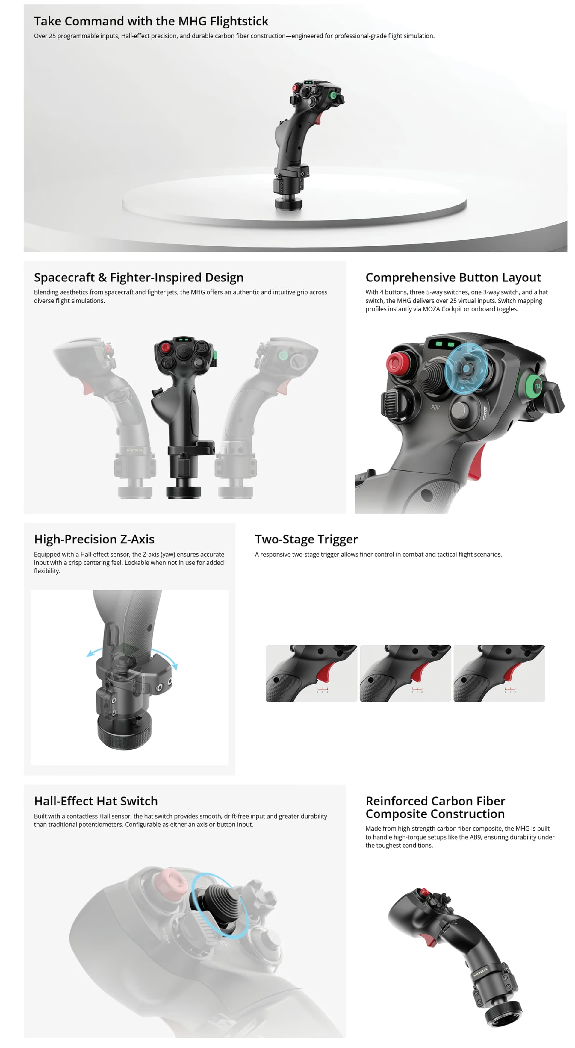 MOZA AS018 carbon fiber reinforced composite flight stick and base high rigidity low rotational inertia professional flight simulation joystick system AS018