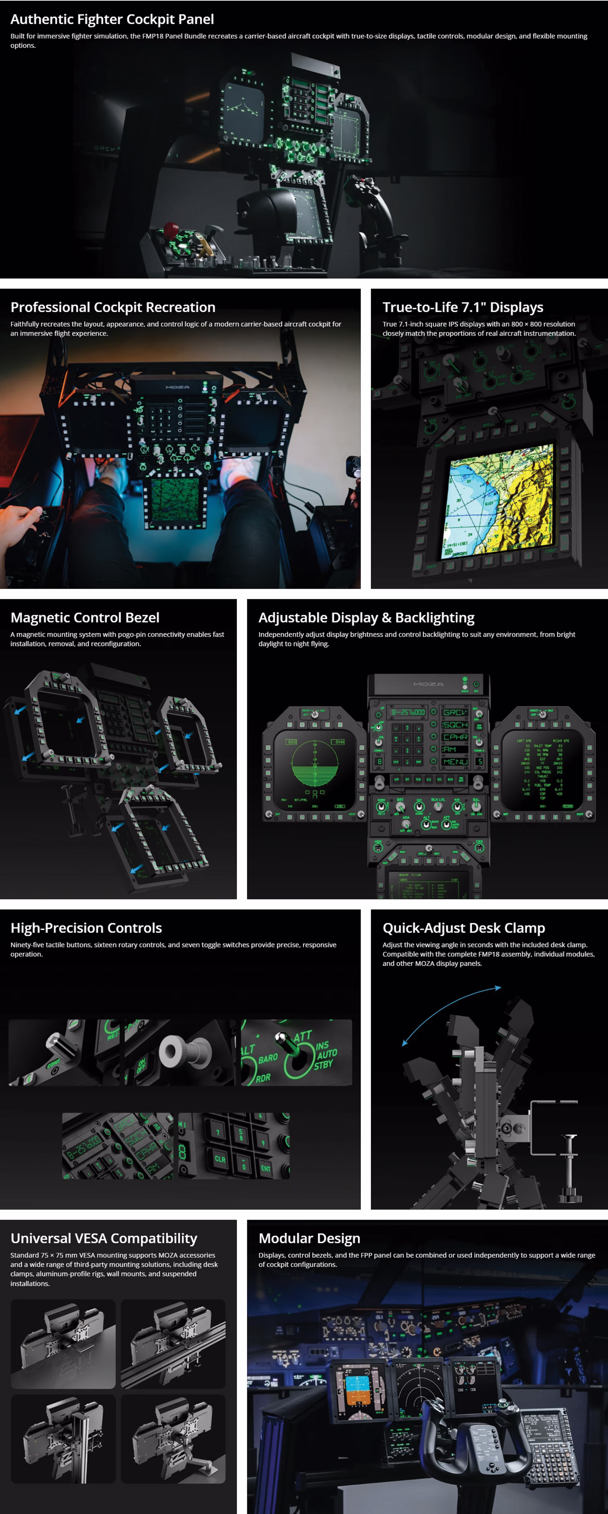 MOZA AS027 FMP18 Flight Simulator Cockpit Control Panel with 7.1-inch Display and Toggle Switches