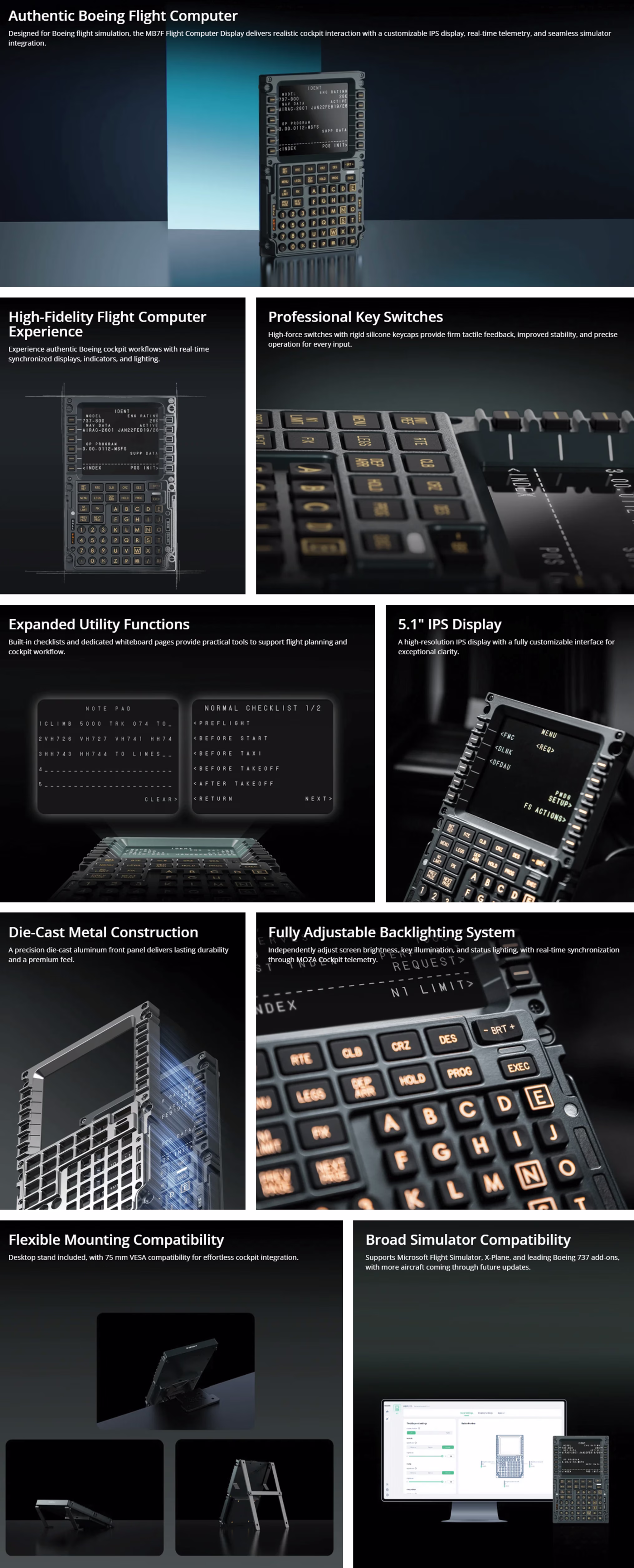 MOZA MB7F Flight Computer Display replicating Boeing 737 FMC/CDU with 5.1-inch IPS Screen and Tactile Keypad