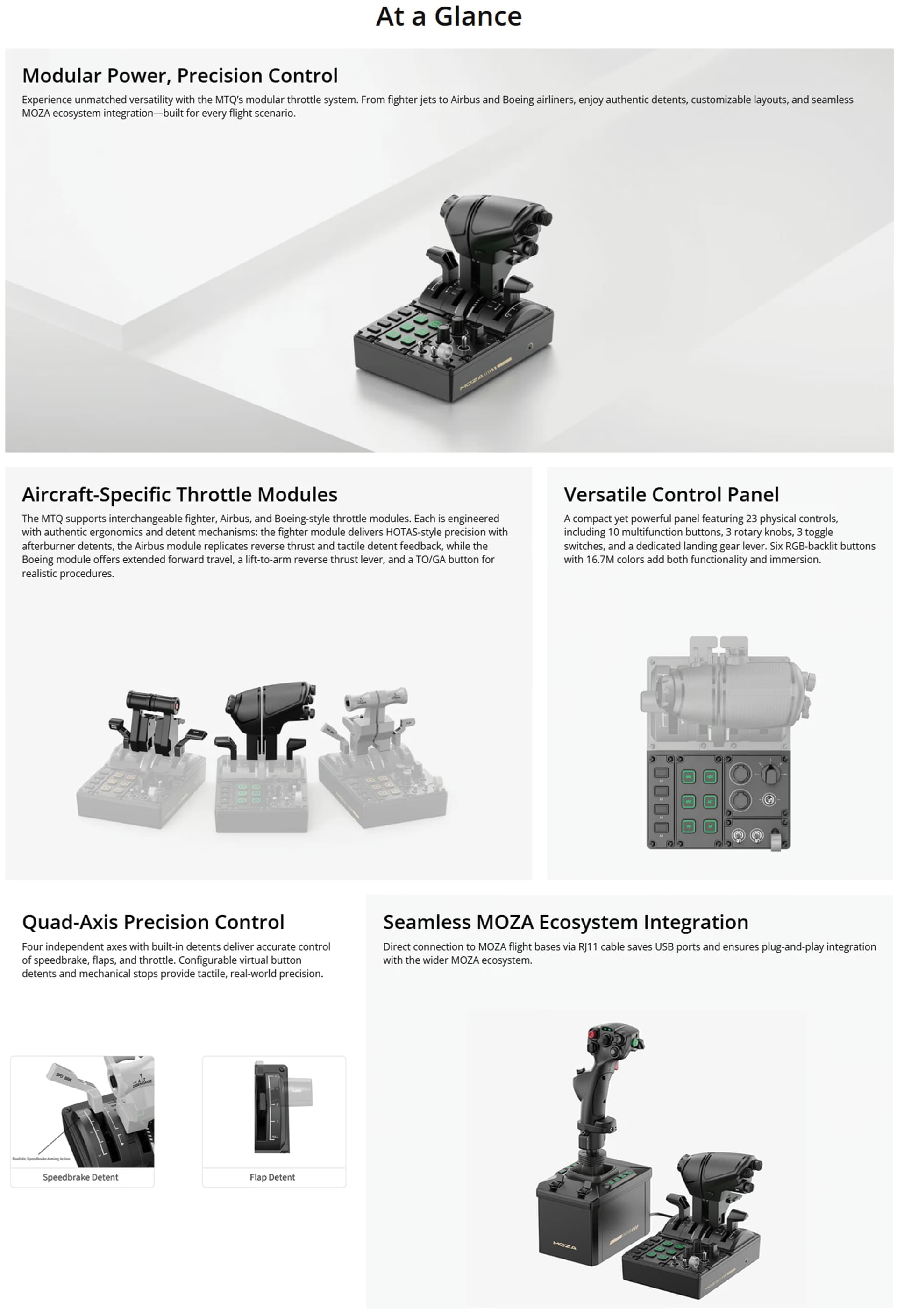 MOZA MTQ Throttle Quadrant AS014 – Quad-Axis Flight Simulator Throttle, Modular Grip System, RGB Telemetry Lighting, Precision Hall Sensors