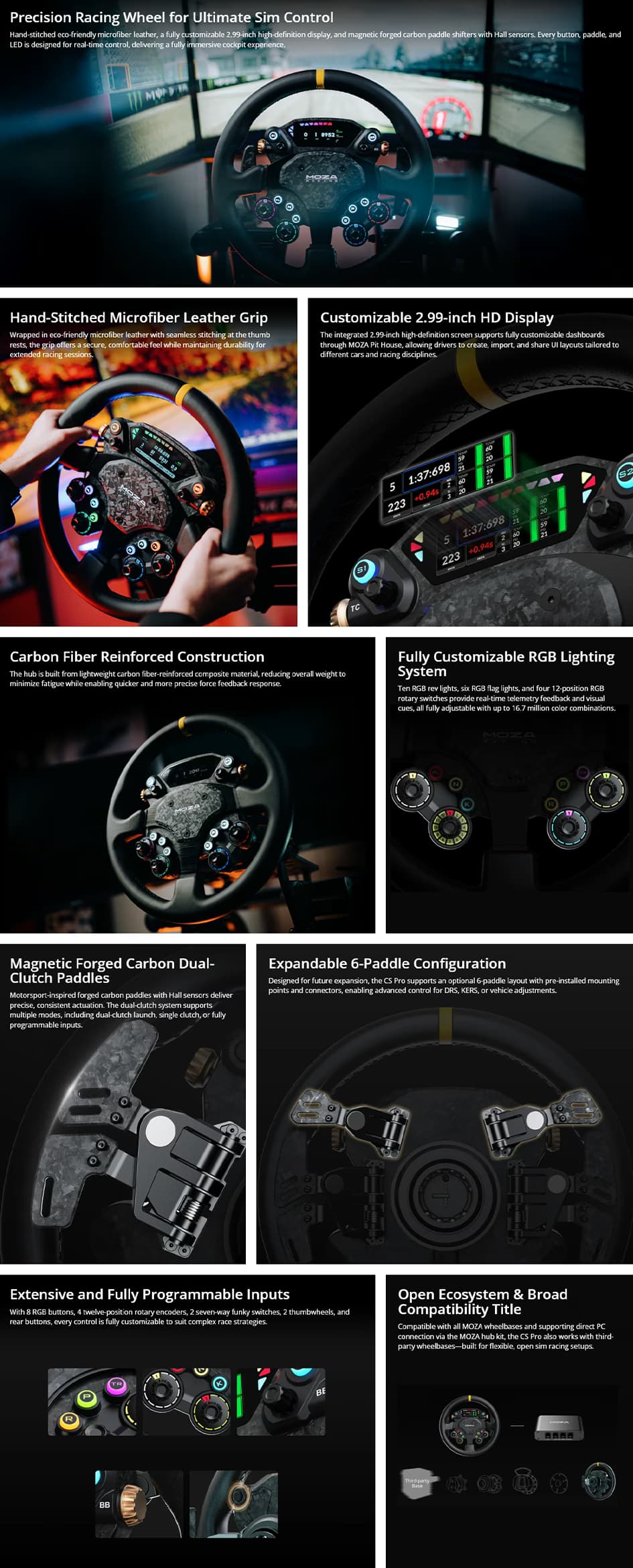 MOZA Racing CS Pro Steering Wheel RS093, featuring a 325mm microfiber leather rim, a 2.99-inch integrated telemetry display, and RGB backlit buttons.