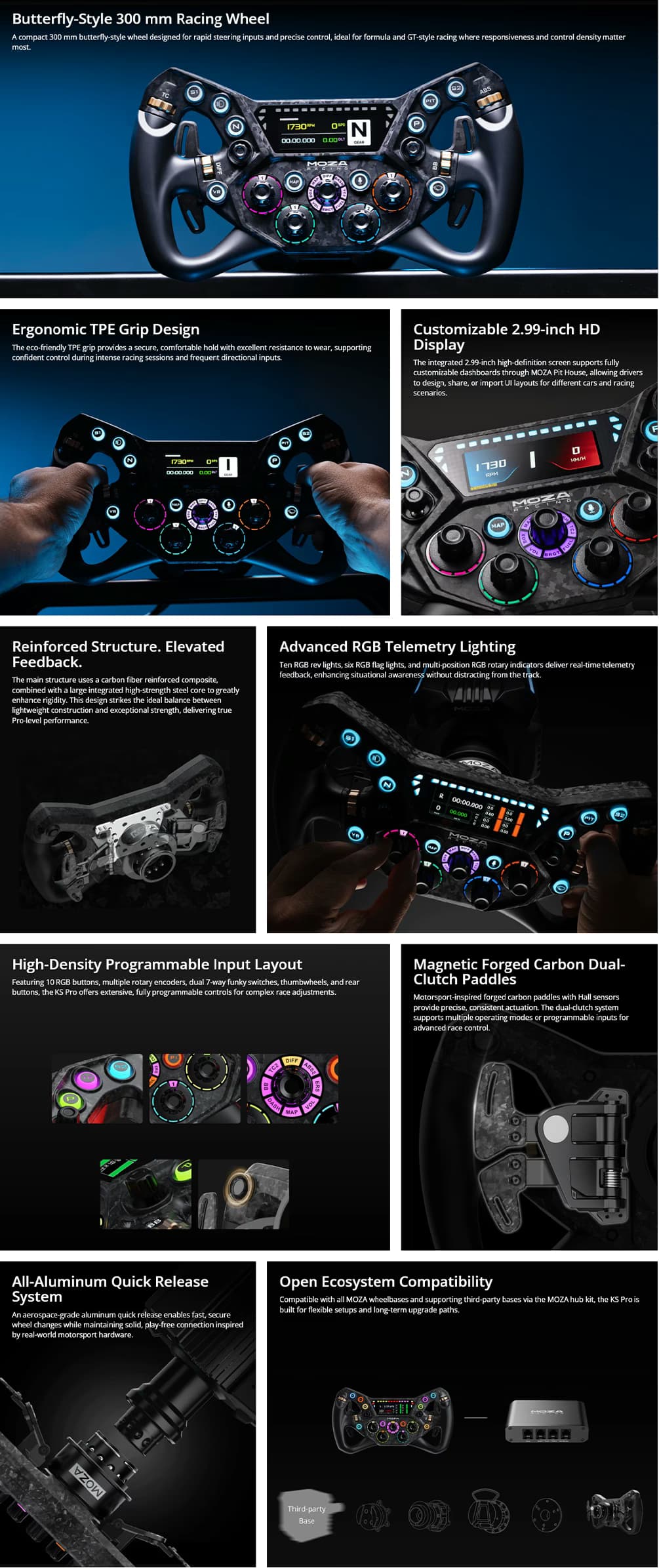 MOZA Racing KS Pro Steering Wheel RS095, featuring a 300mm butterfly GT rim, customizable HD display, and RGB telemetry lighting.