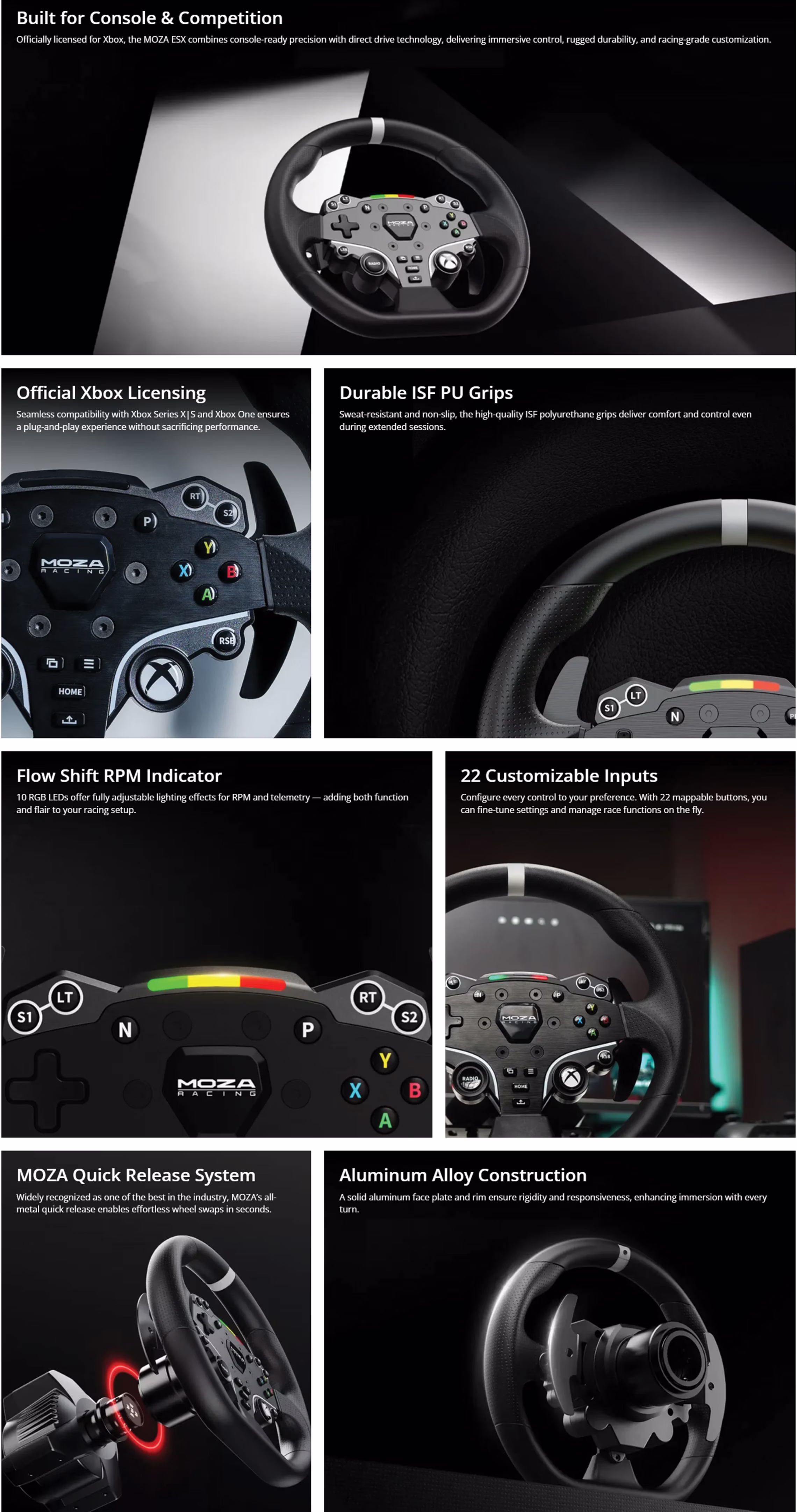 MOZA Racing RS052 ESX steering wheel showing the D-shaped aluminum rim, Xbox-licensed button layout, and RPM LED strip