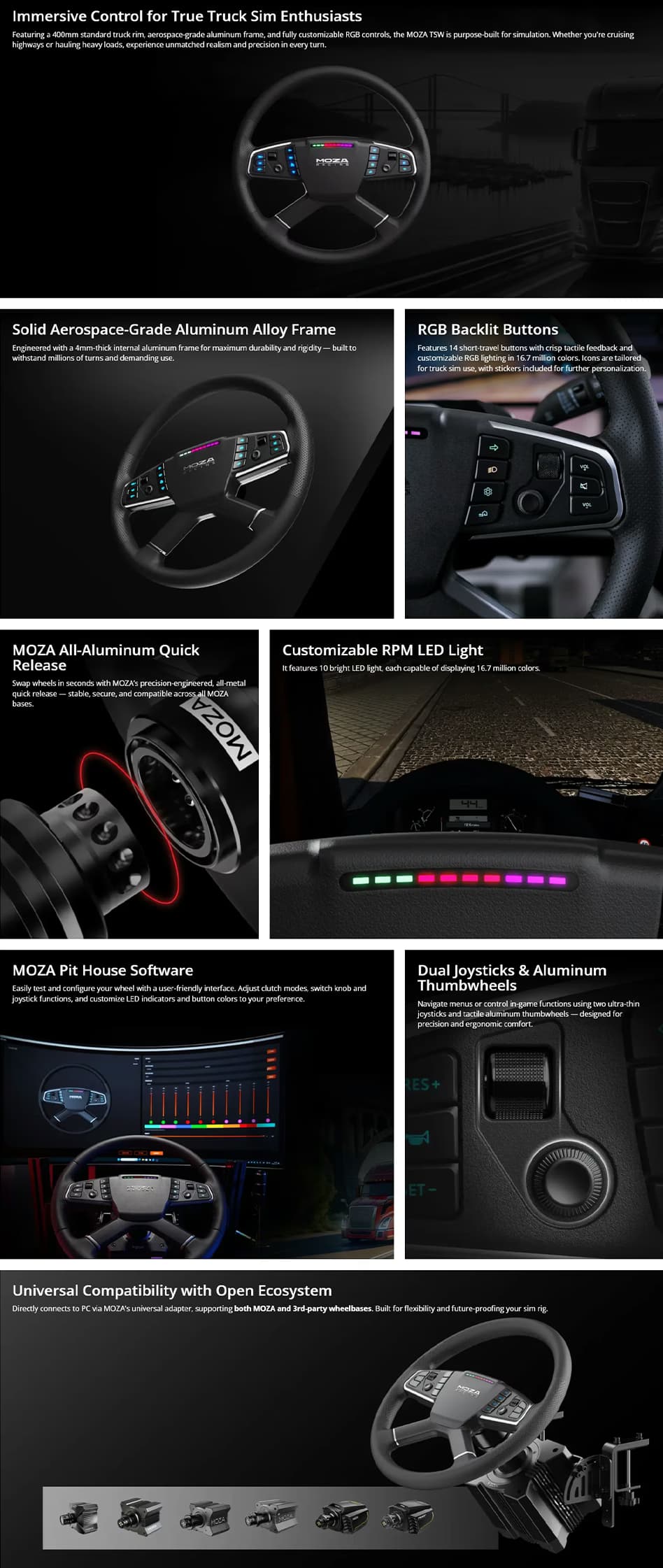 MOZA Racing RS060 TSW Truck Steering Wheel featuring a 400mm diameter, microfiber leather grip, and customizable RGB buttons.