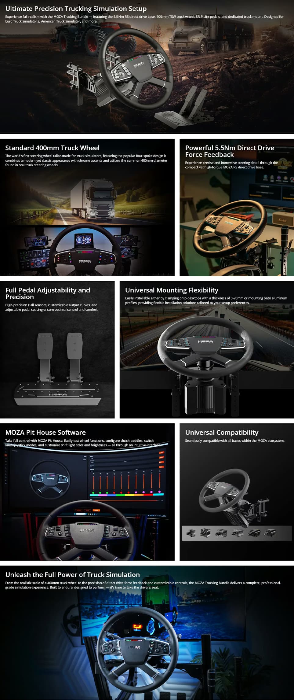 MOZA Racing RS071 Truck Driving Simulator Bundle showing the 400mm TSW truck wheel, R5 direct drive base, SR-P Lite pedals, and mounting clamp.