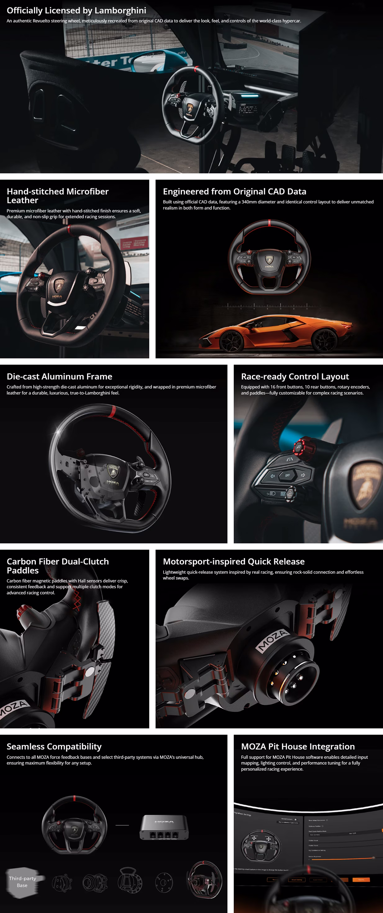 MOZA Racing RS096 Lamborghini Revuelto officially licensed sim racing steering wheel, featuring carbon fiber dual-clutch paddles and programmable buttons.