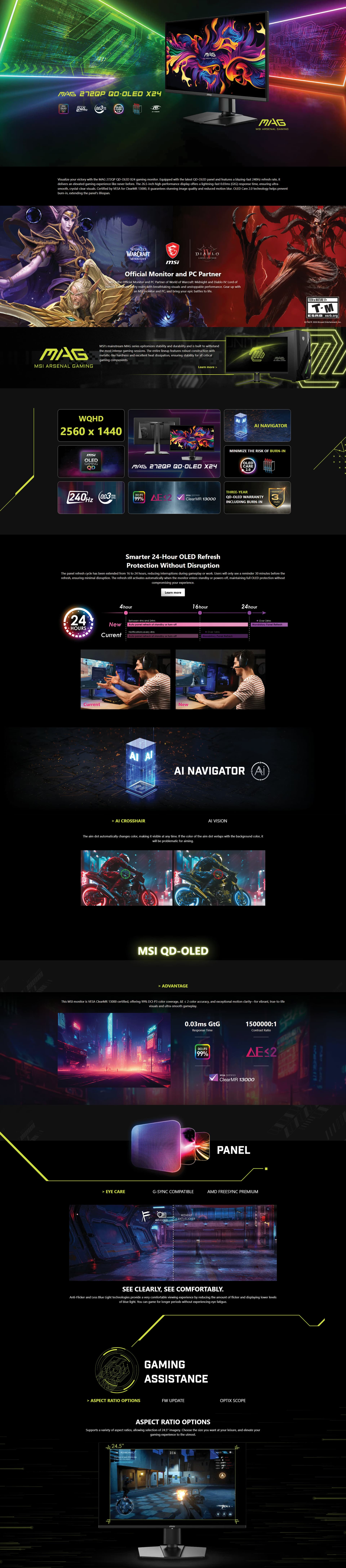 MSI MAG 272QP QD-OLED X24 27 inch 2K WQHD 2560x1440 240Hz 0.03ms gaming monitor infinite contrast Quantum Dot wide color AMD FreeSync Premium black flagship QD-OLED gaming display 9S6-3CF89A-001