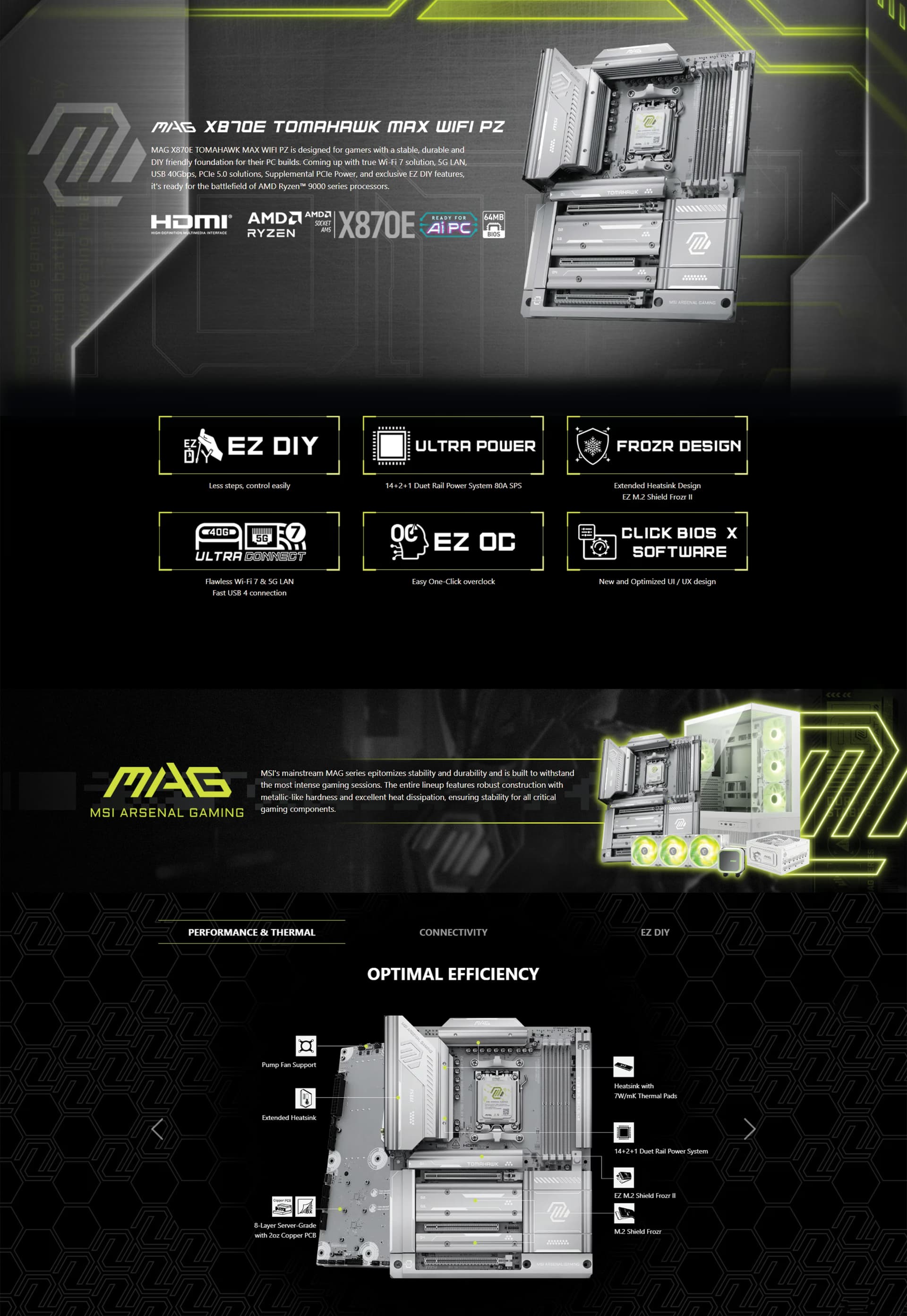 MSI MAG X870E TOMAHAWK MAX WIFI PZ motherboard showing the clean front face and AM5 socket.