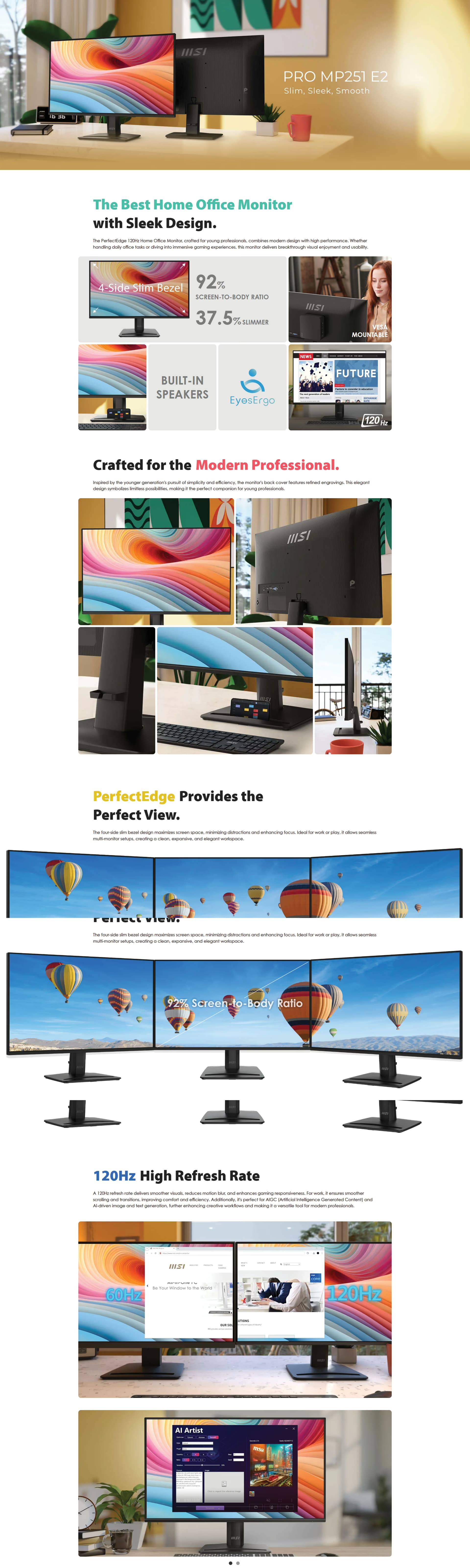 MSI PRO MP251 E2 24.5-inch 120Hz IPS business monitor featuring EyesErgo technology, slim bezels, and a wide viewing angle.