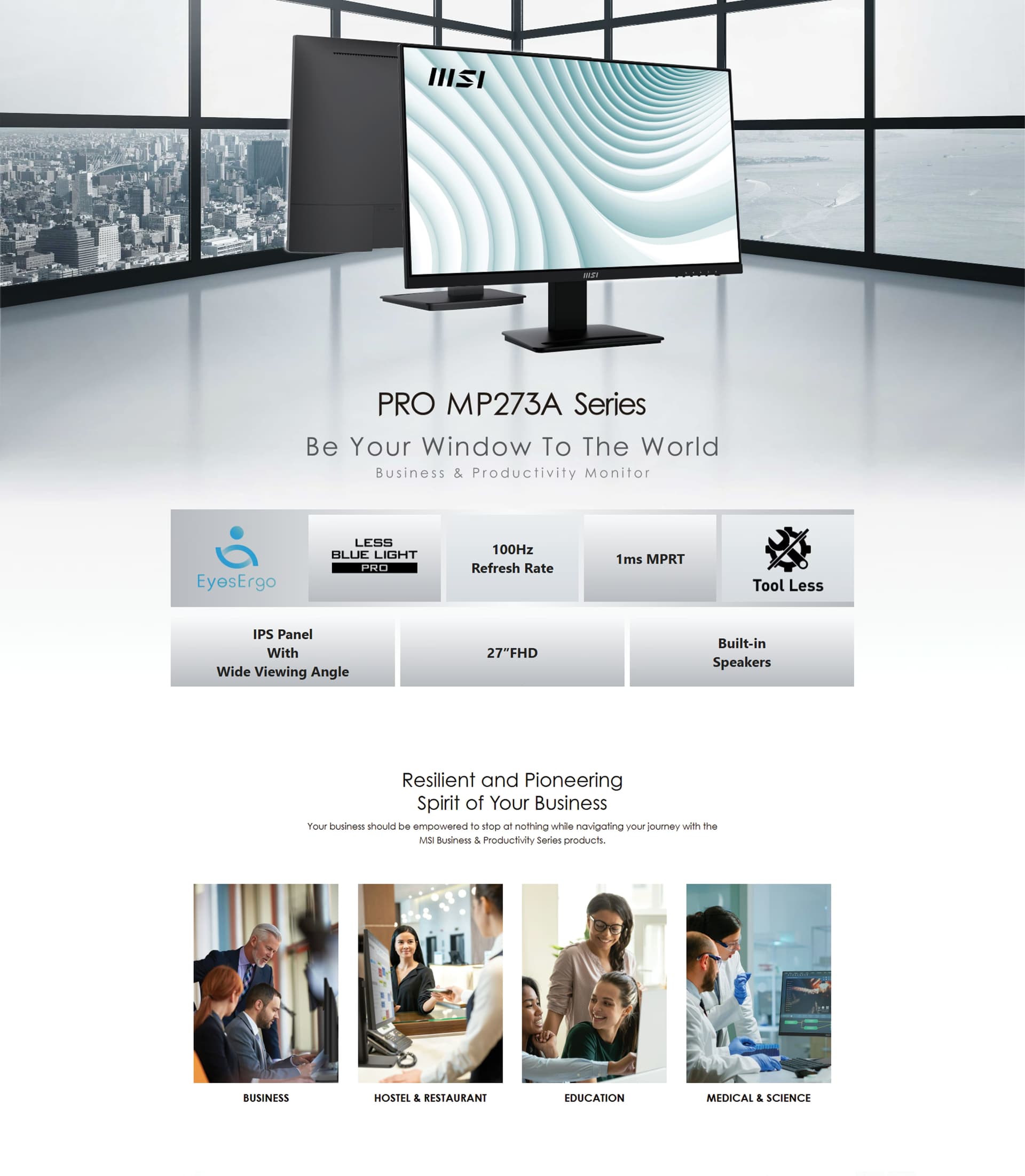 MSI PRO MP273A 27-inch 100Hz FHD IPS business monitor featuring Anti-Flicker Eye Care technology, slim bezels, and built-in speakers.