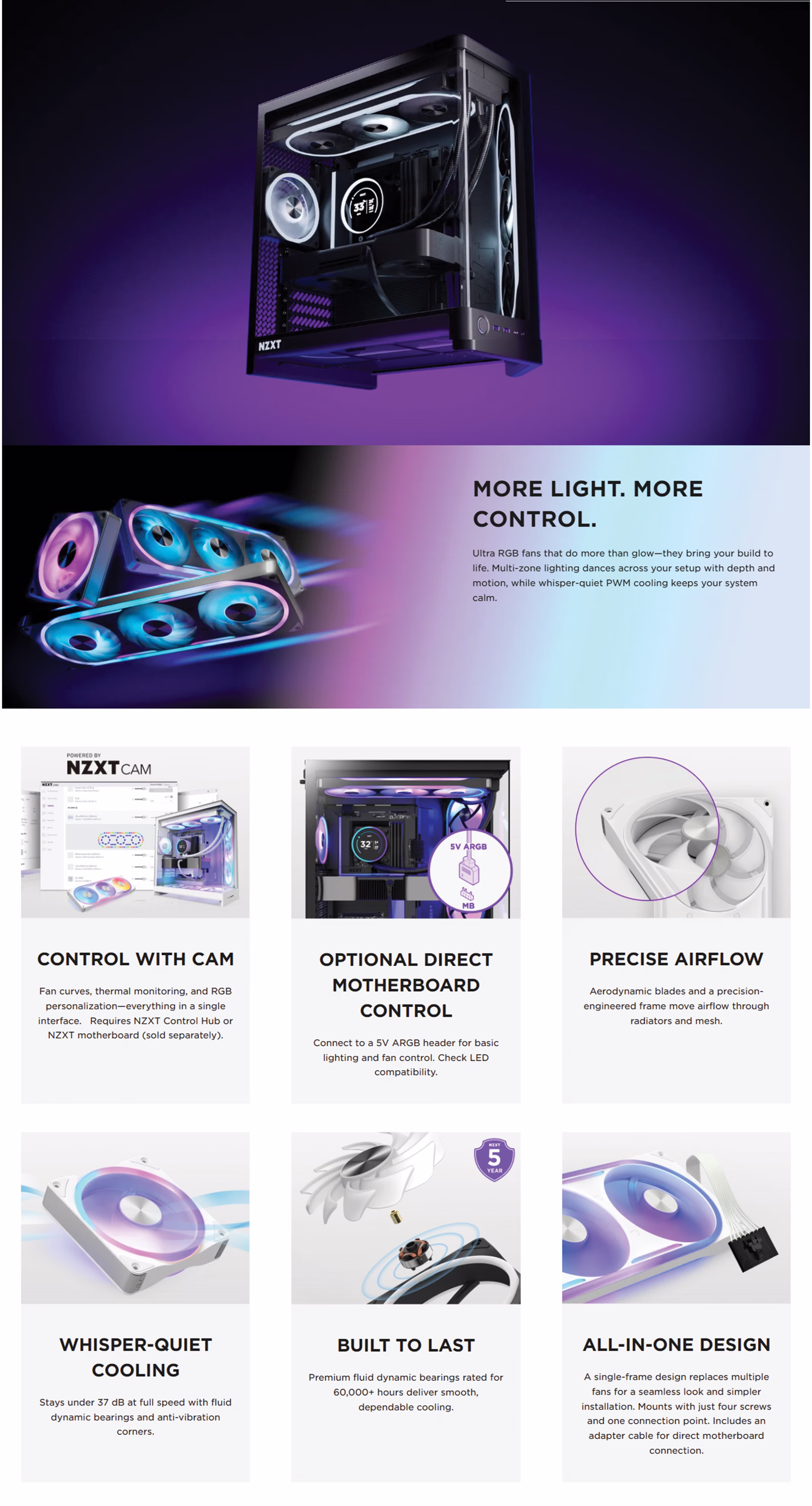 NZXT F360U Ultra RGB 360mm single-frame PWM gaming case fan in black with illuminated multi-zone RGB tracks