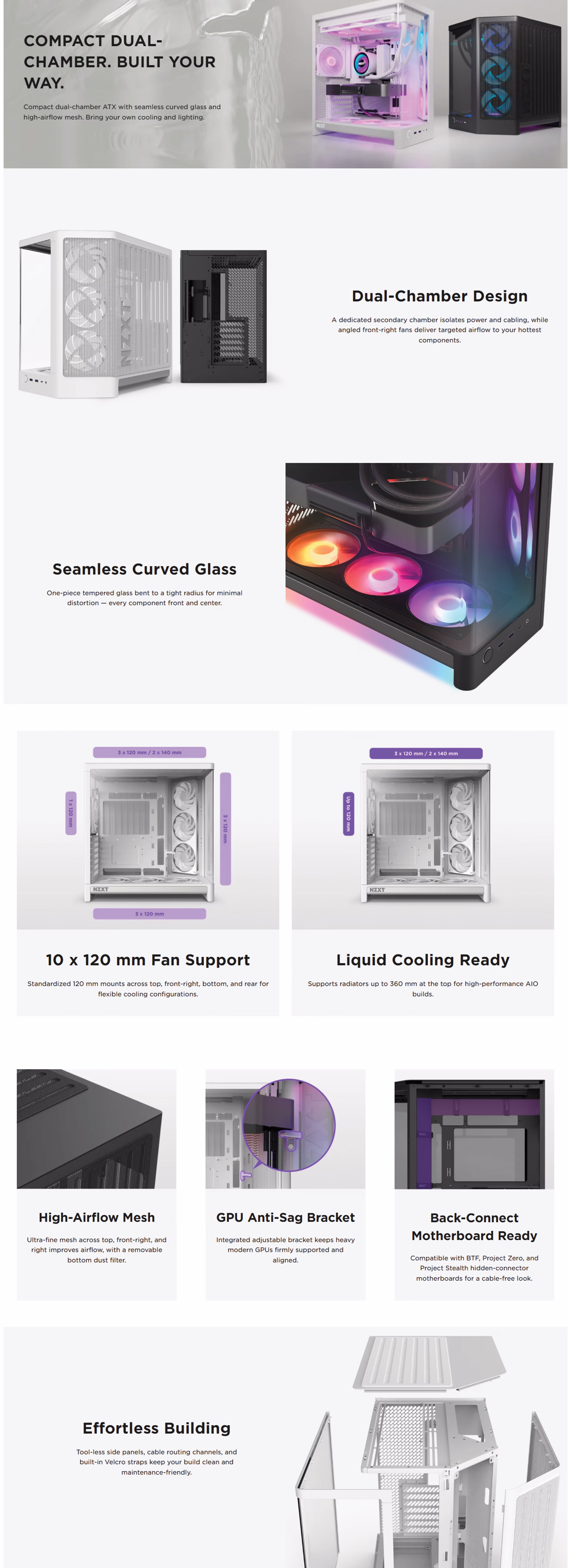 NZXT H6 Black compact dual-chamber mid-tower ATX gaming case displaying the curved tempered glass panel
