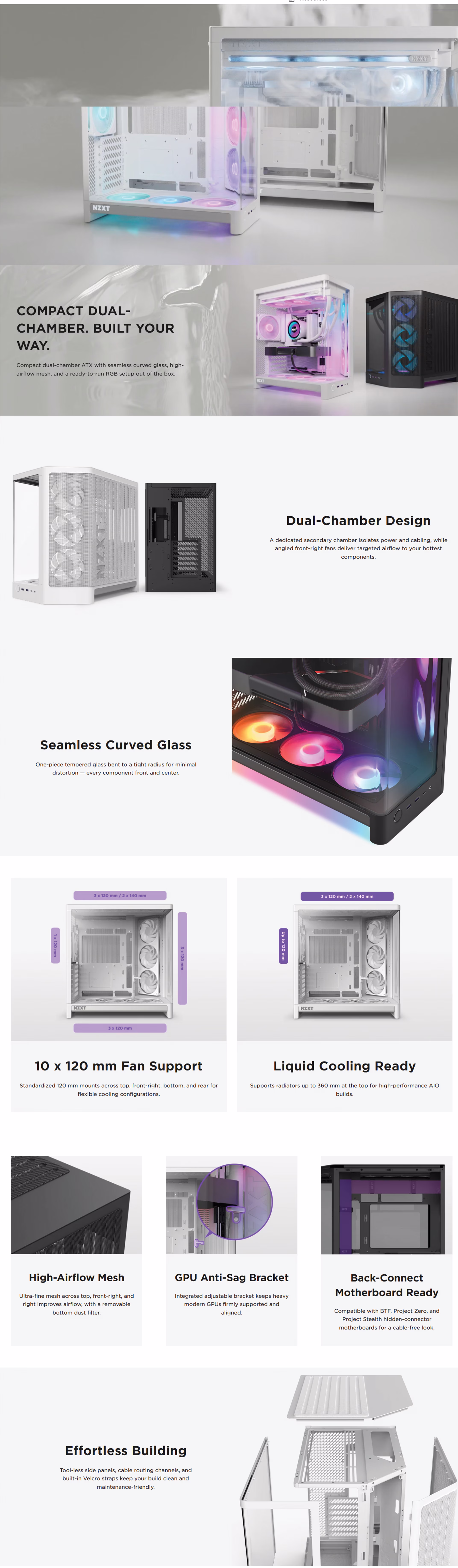 NZXT H6 RGB+ White compact dual-chamber mid-tower gaming case displaying the curved tempered glass panel