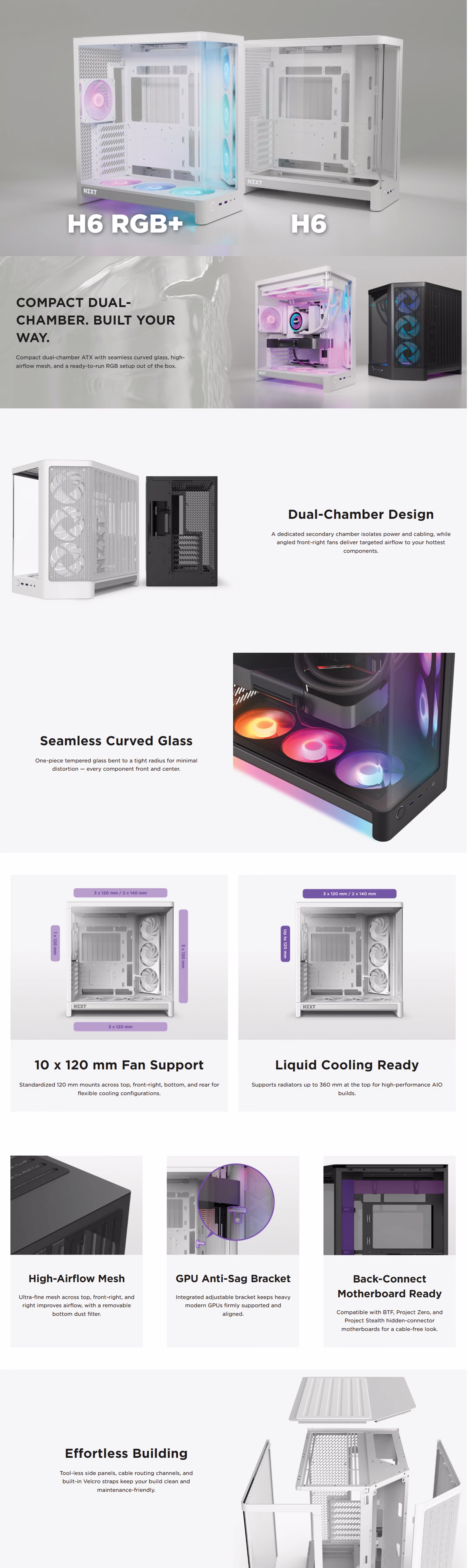 NZXT H6 RGB+ black compact dual-chamber mid-tower case front and side panoramic glass view
