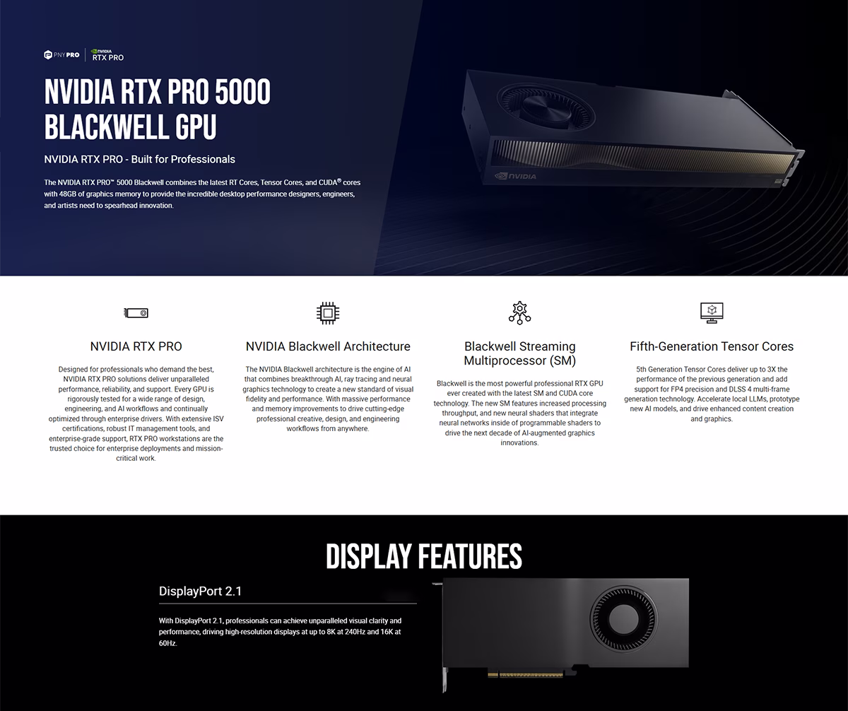 PNY NVIDIA RTX PRO 5000 Blackwell 72GB GDDR7 Professional Workstation Graphics Card with Active Cooling