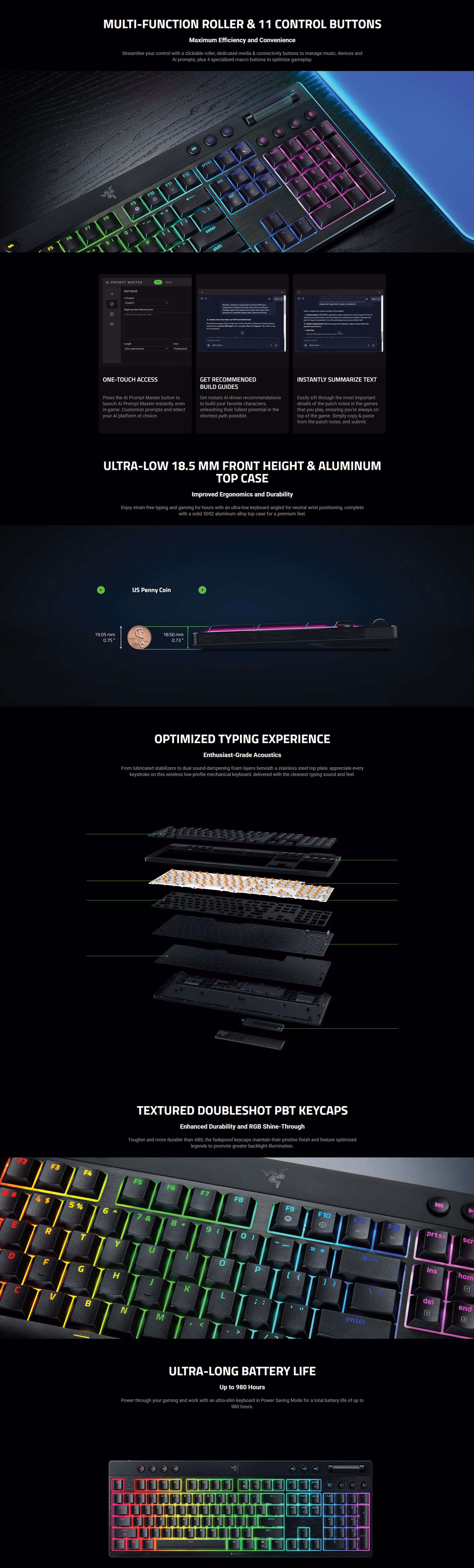 Razer BlackWidow V4 Low-Profile Tenkeyless wireless mechanical gaming keyboard showing Chroma RGB lighting