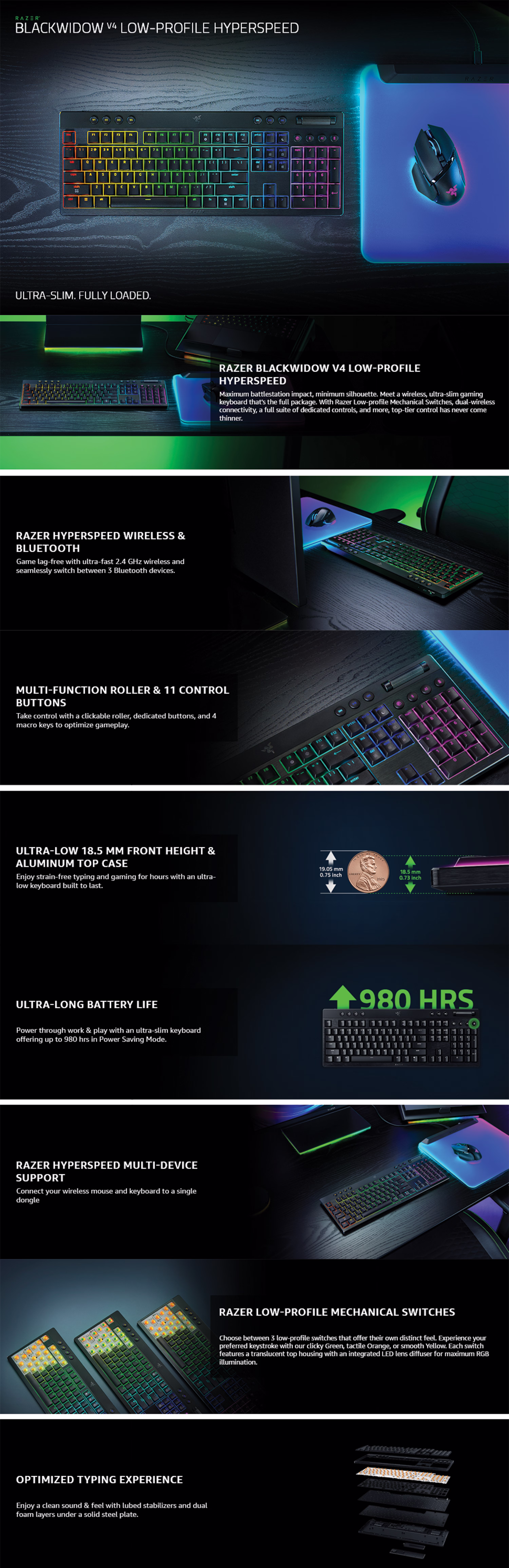 Razer BlackWidow V4 Low-Profile full-size wireless mechanical gaming keyboard with clicky green switches showing Chroma RGB lighting