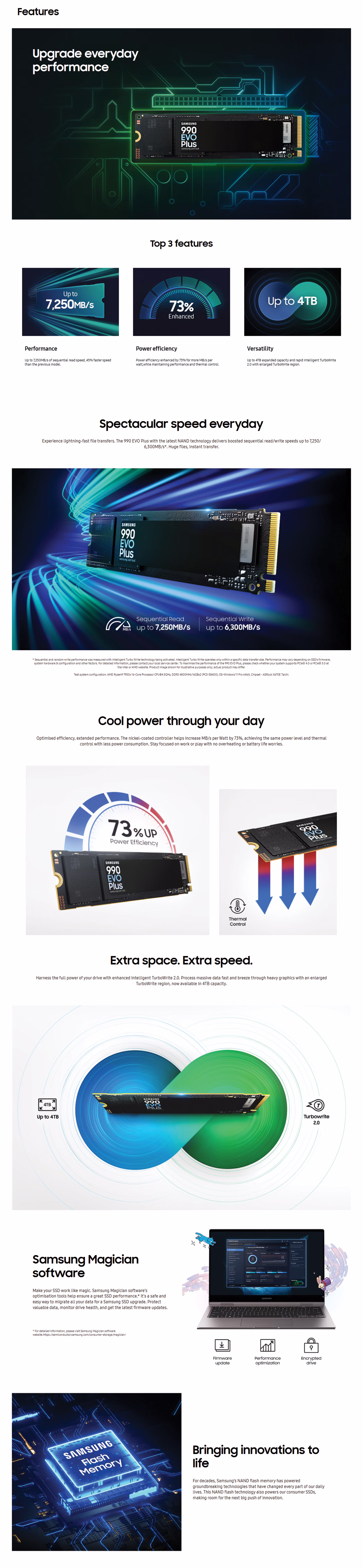 SAMSUNG 990 EVO Plus 4TB PCIe 4.0 x4 and 5.0 x2 NVMe M.2 SSD bare drive, model MZ-V9S4T0BW.