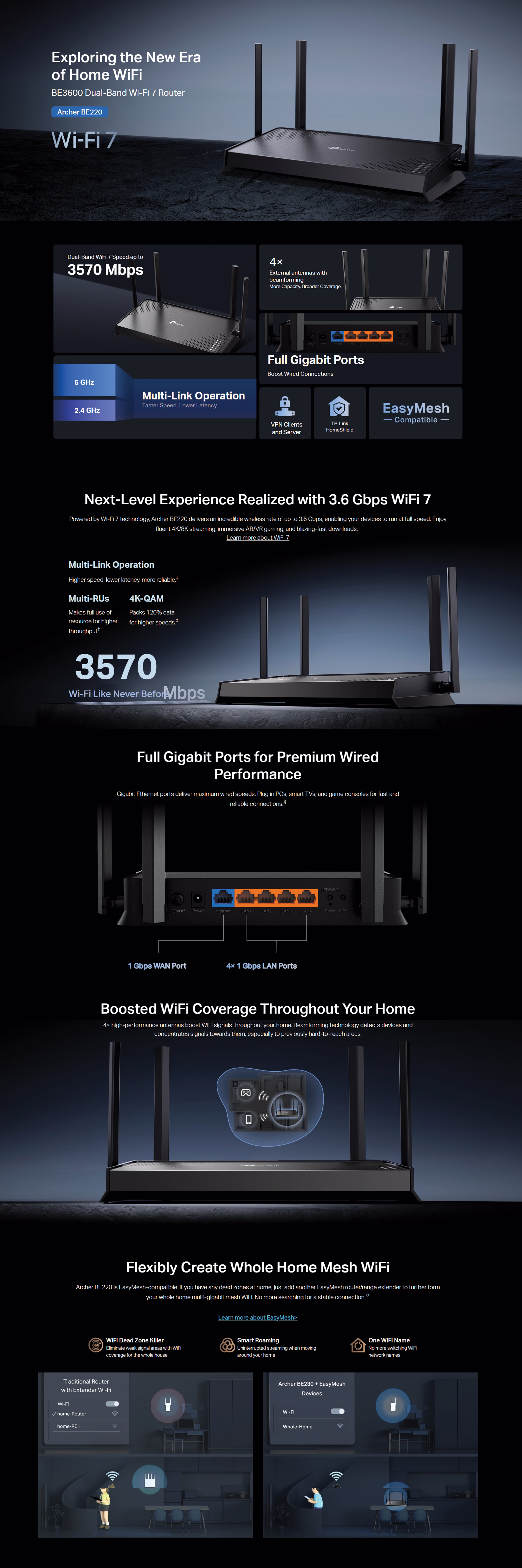 TP-Link Archer BE220 BE3600 Dual-Band Wi-Fi 7 Router front view showing four external antennas