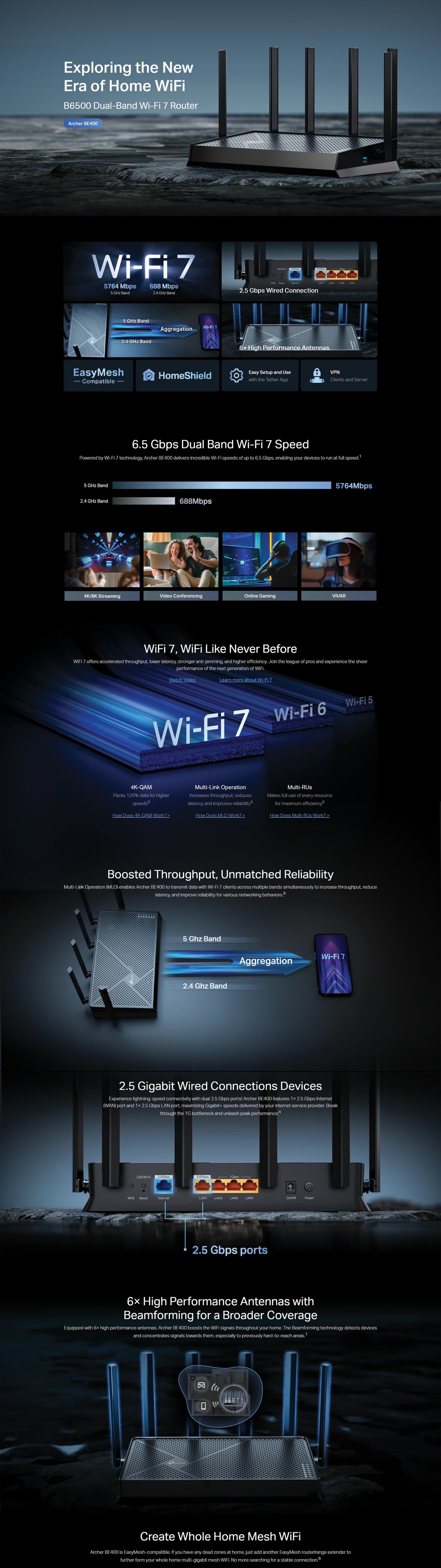 TP-Link Archer BE400 BE6500 dual-band Wi-Fi 7 router with six high-gain antennas and 2.5G networking ports.