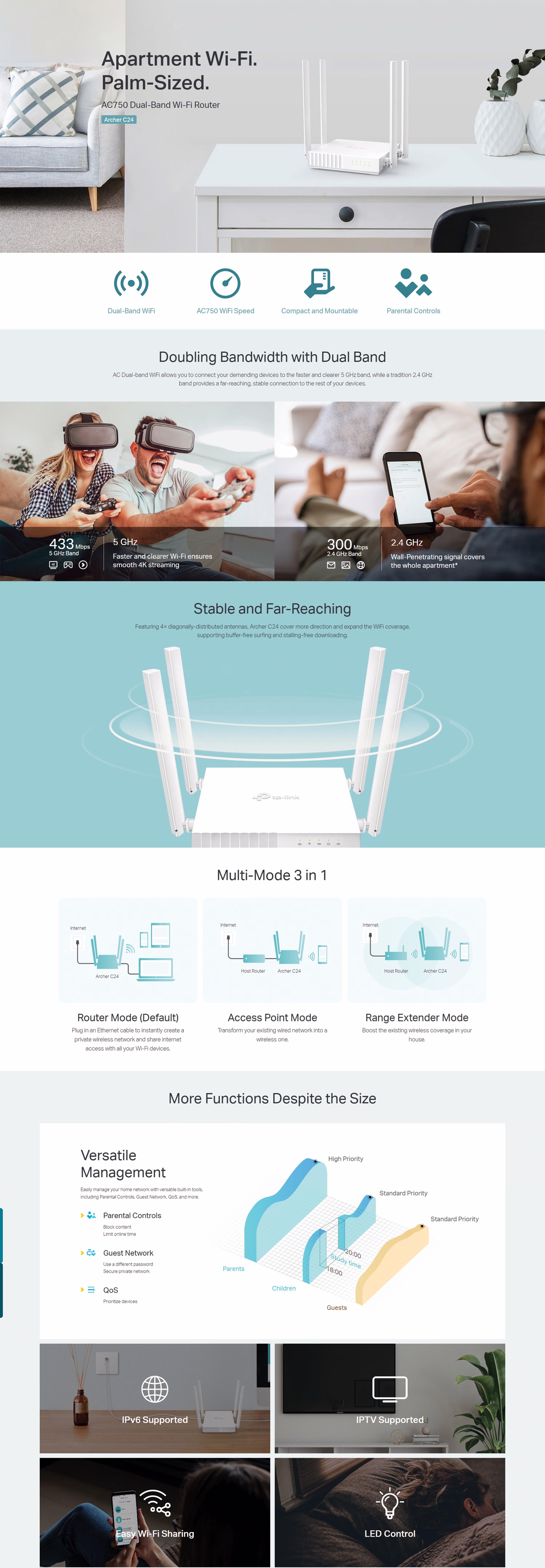TP-Link Archer C24 AC750 dual-band Wi-Fi router in white showing the compact chassis and four high-gain external antennas