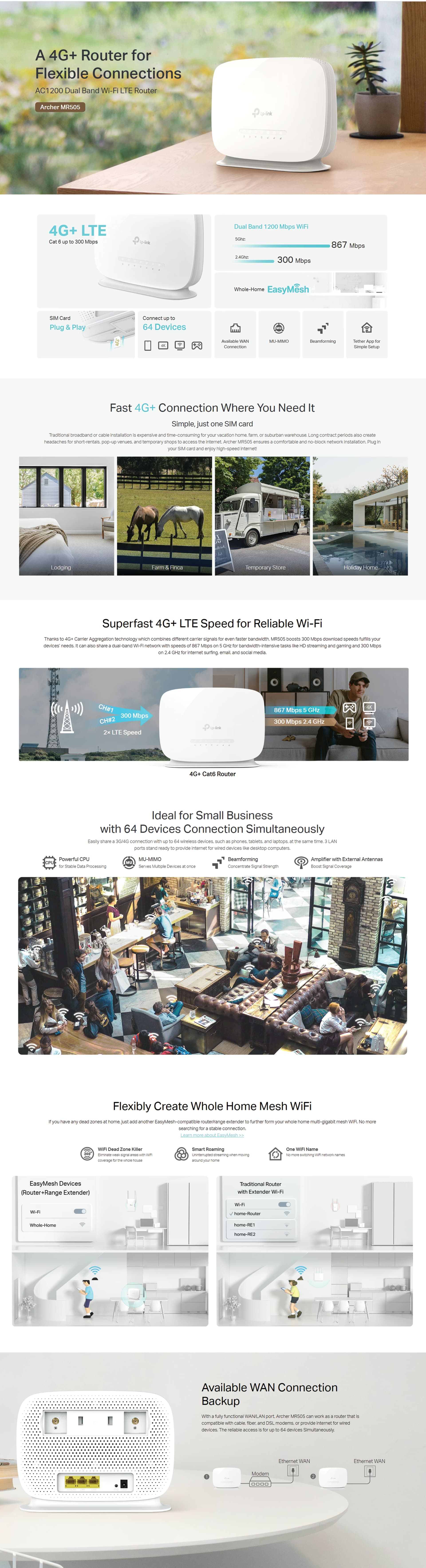 TP-Link Archer MR505 4G+ LTE AC1200 dual-band Wi-Fi router featuring gigabit ethernet ports and cellular antennas.