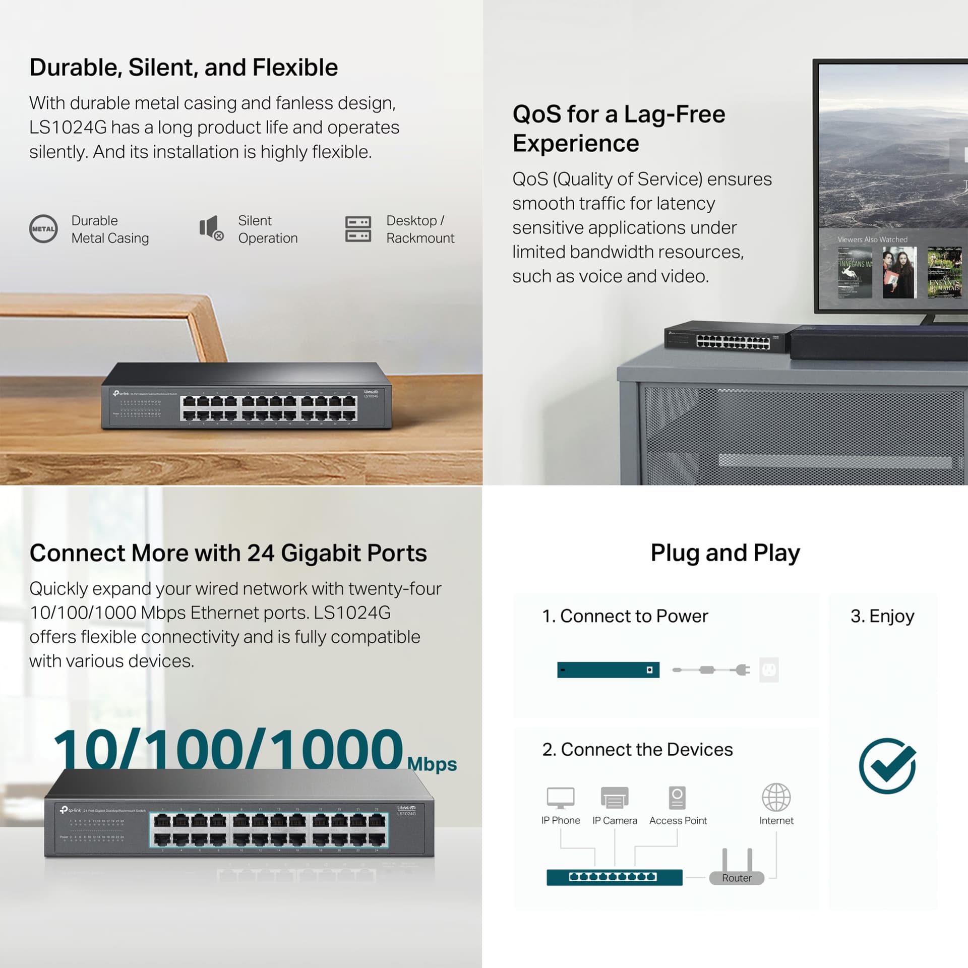 TP-Link LS1024G 24-port gigabit desktop rackmount network switch 48Gbps non-blocking steel housing fanless silent plug-and-play unmanaged business professional network switch