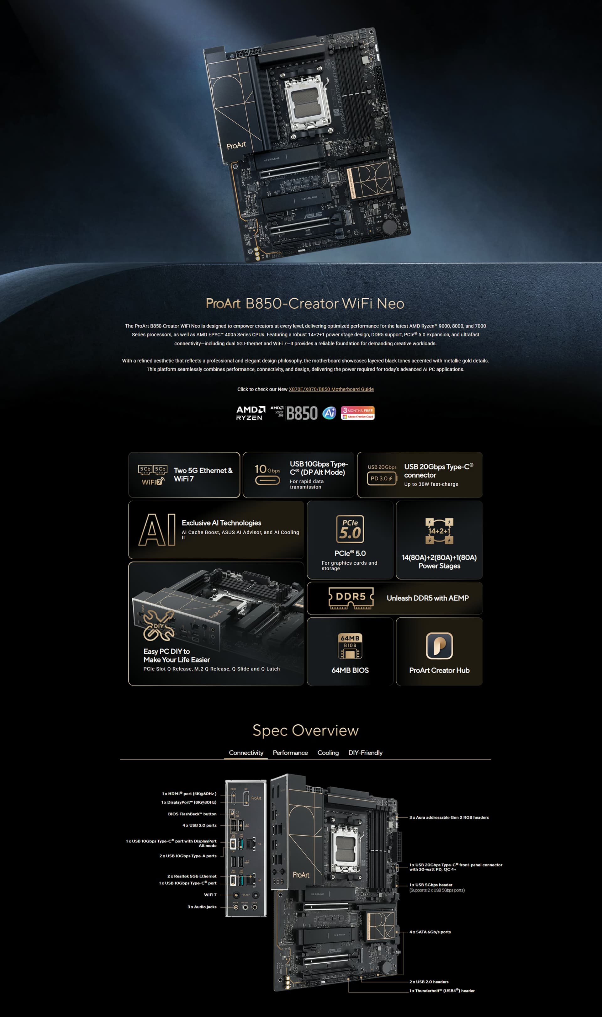 The ASUS PROArt B850-CREATOR WIFI NEO is a professional-grade, high-performance ATX motherboard engineered for advanced content creators product overview