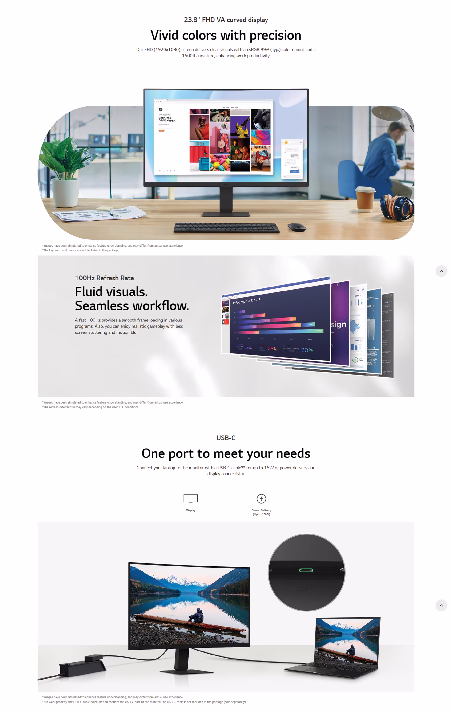 The LG 24-inch curved monitor integrated into a modern workspace with a laptop connected via USB-C