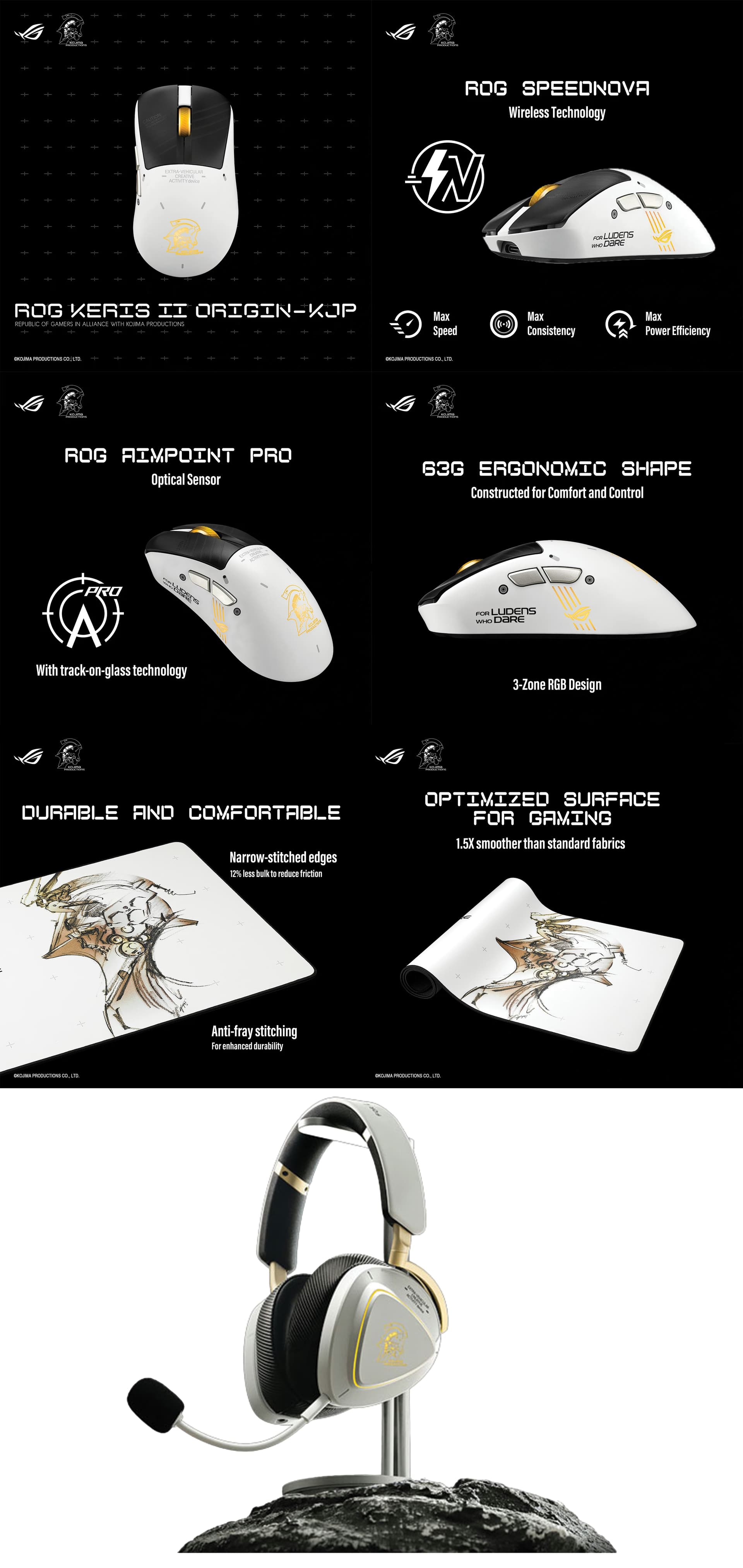 The complete ASUS ROG Kojima Productions White Gaming Set featuring the mouse, headset, and XXL desk mat.