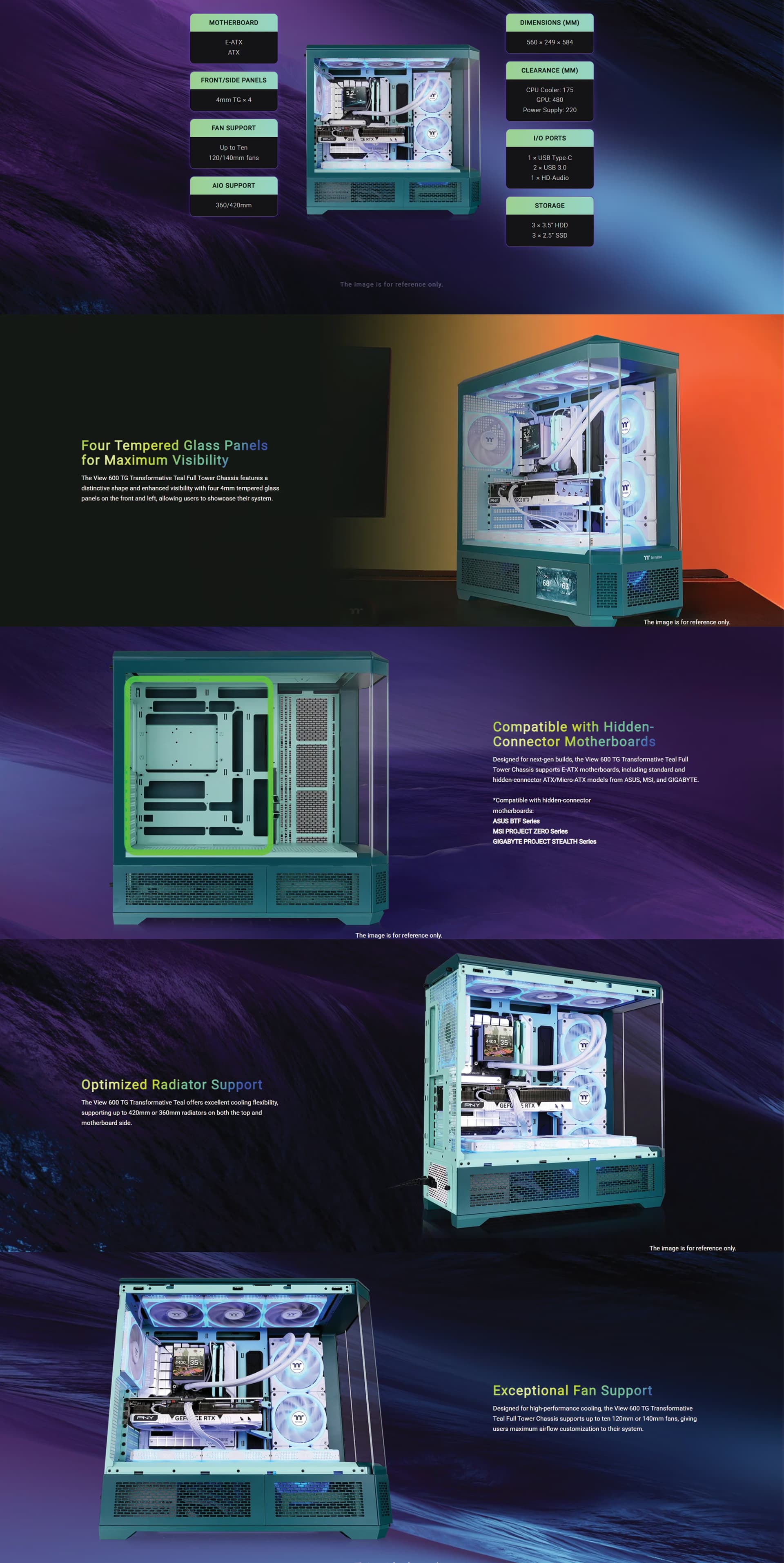 Thermaltake The Tower 600 Full Tower octagonal PC case in Transformative Teal featuring three tempered glass panels.