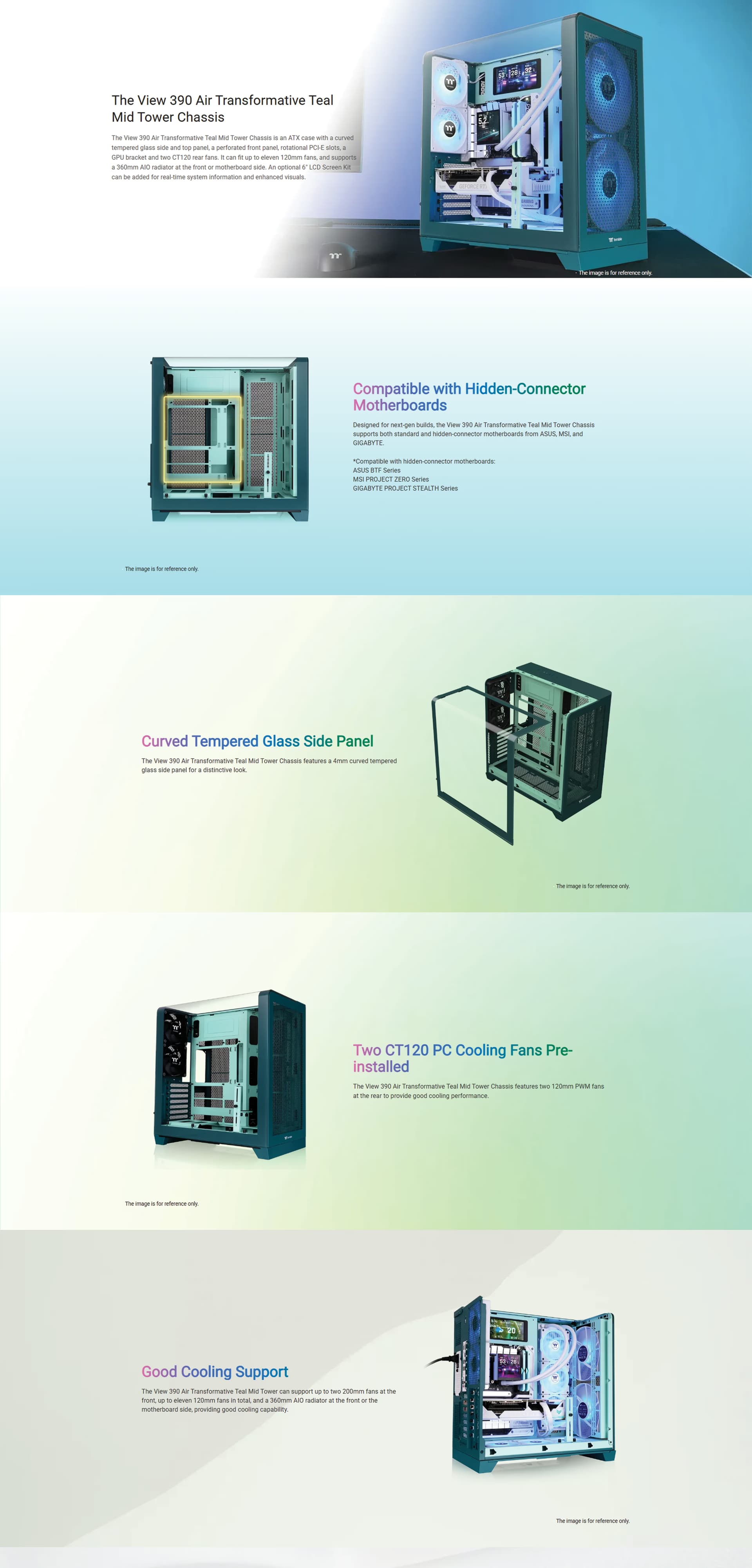 Thermaltake View 390 Air Mid Tower ARGB PC case in Transformative Teal featuring curved tempered glass.