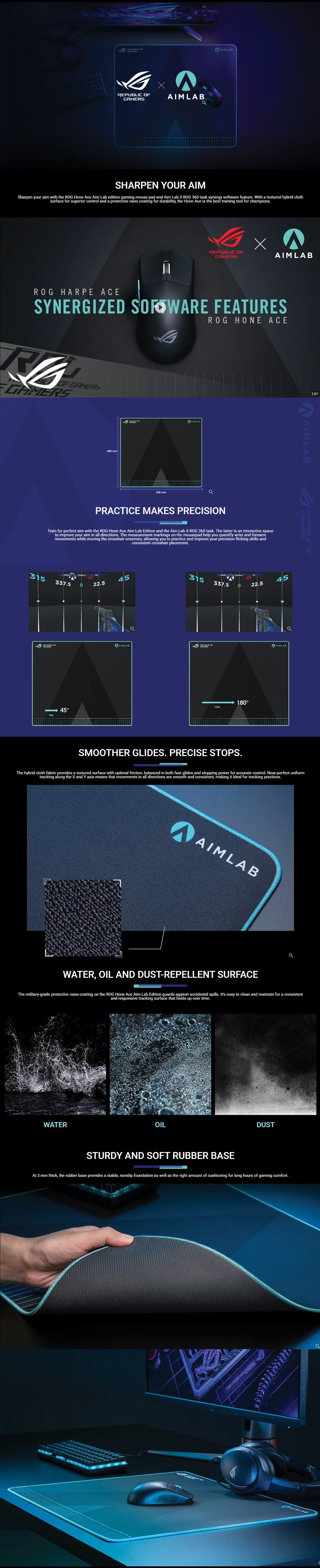 ASUSROGHONEACEAIMLABEDITIONLARGEGAMINGMOUSEPAD508X420X3MMHYBRIDCLOTHSURFACEWATERREPELLENTNANOCOATINGAIMLABMEASUREMENTMARKSSYNERGYSOFTWAREANTIFRAYSTITCHINGNONSLIPBASE90MP0380BPUA001955539517154711081951711UAEOBT