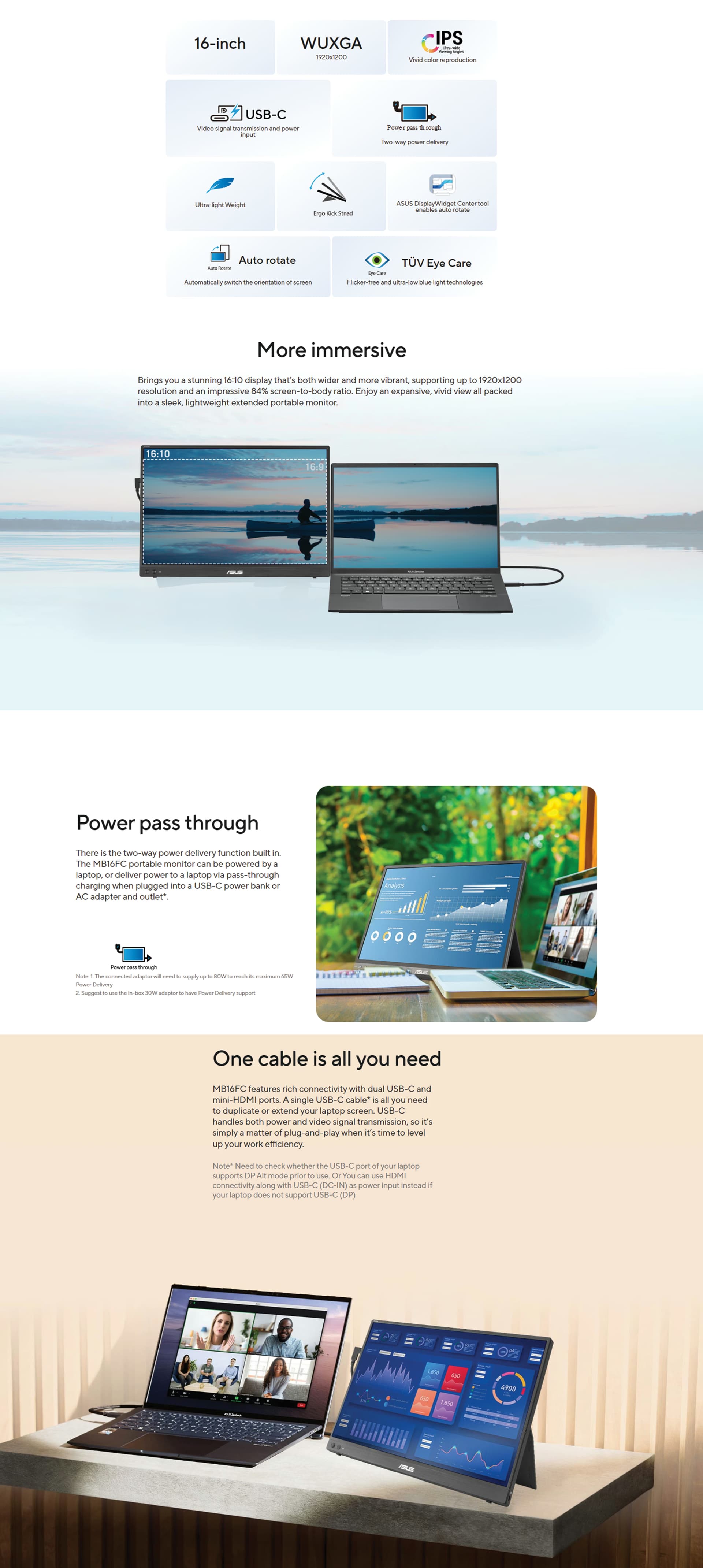 ASUS ZenScreen MB16FC 16-inch Black portable monitor standing on a desk with its integrated kickstand.